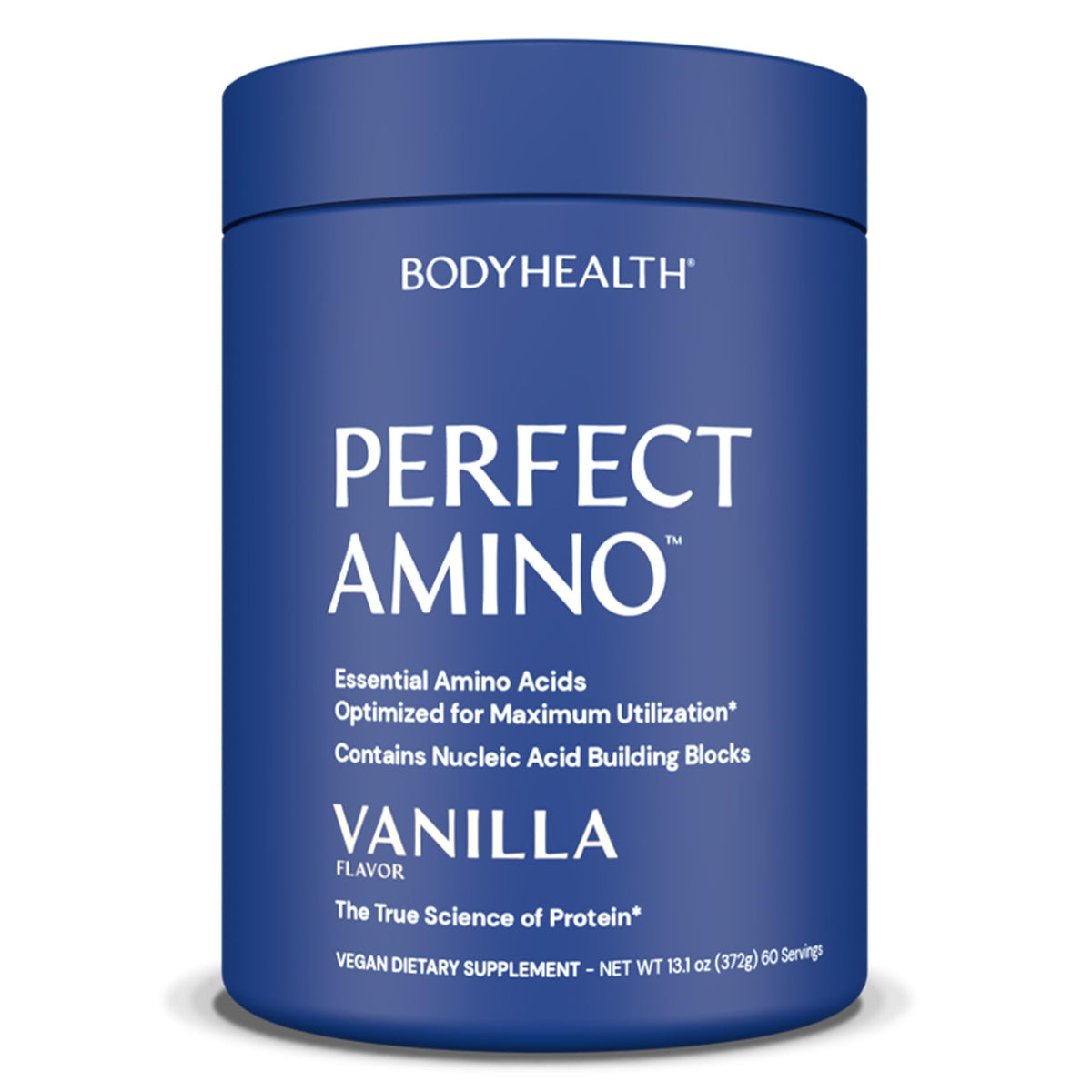 BodyHealth PerfectAmino Powder en tarro hermético para almacenamiento seguro y dosis precisas.