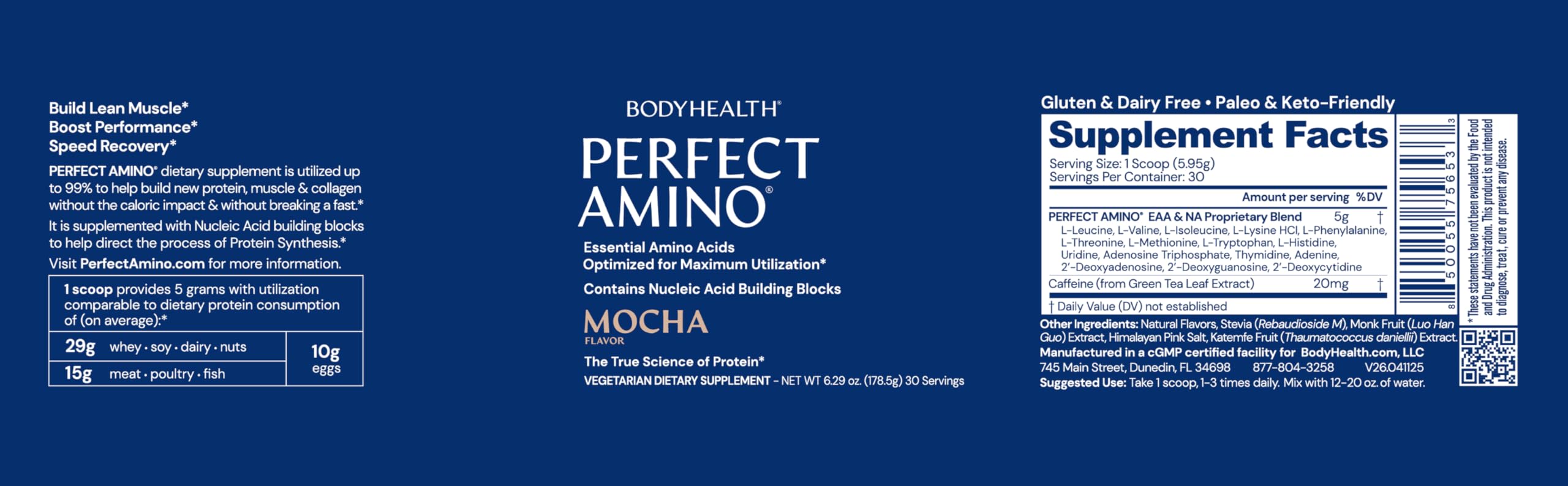 BodyHealth PerfectAmino presentación de 30 porciones para uso diario.
