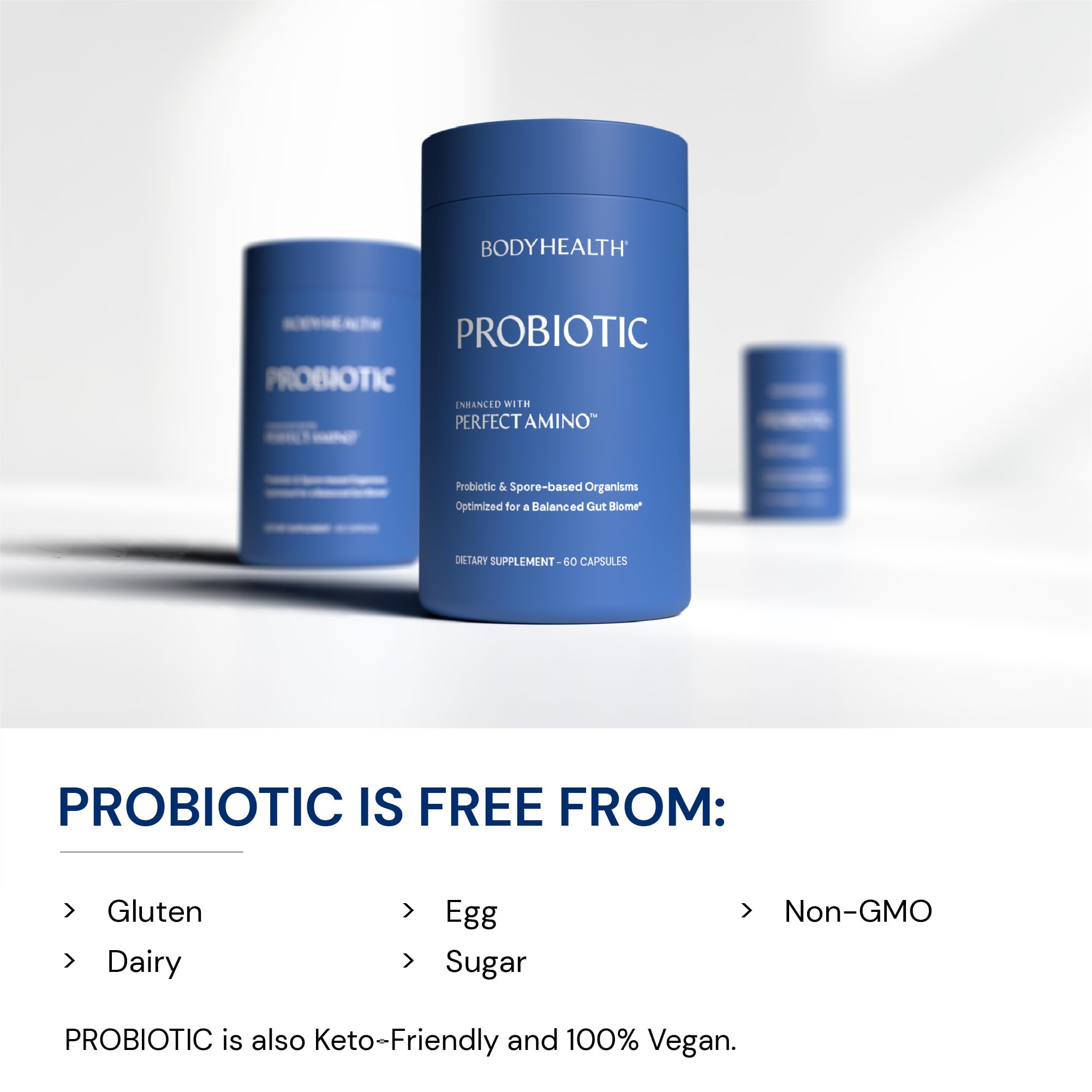 BodyHealth Probiótico PerfectAmino, cápsulas con cepas L. casei y B. lactis para equilibrio microbiano.