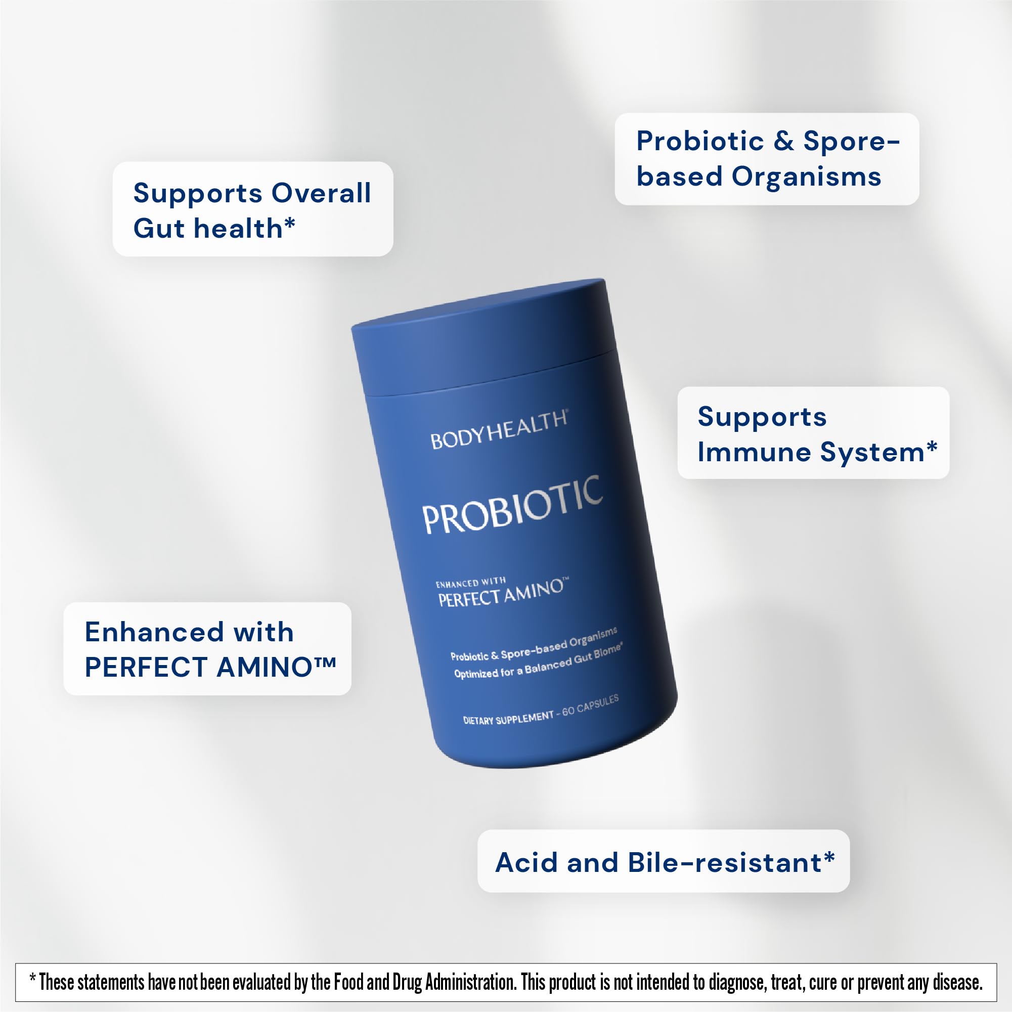 BodyHealth Probiótico PerfectAmino, etiqueta detallada, destaca cepas para el equilibrio intestinal.
