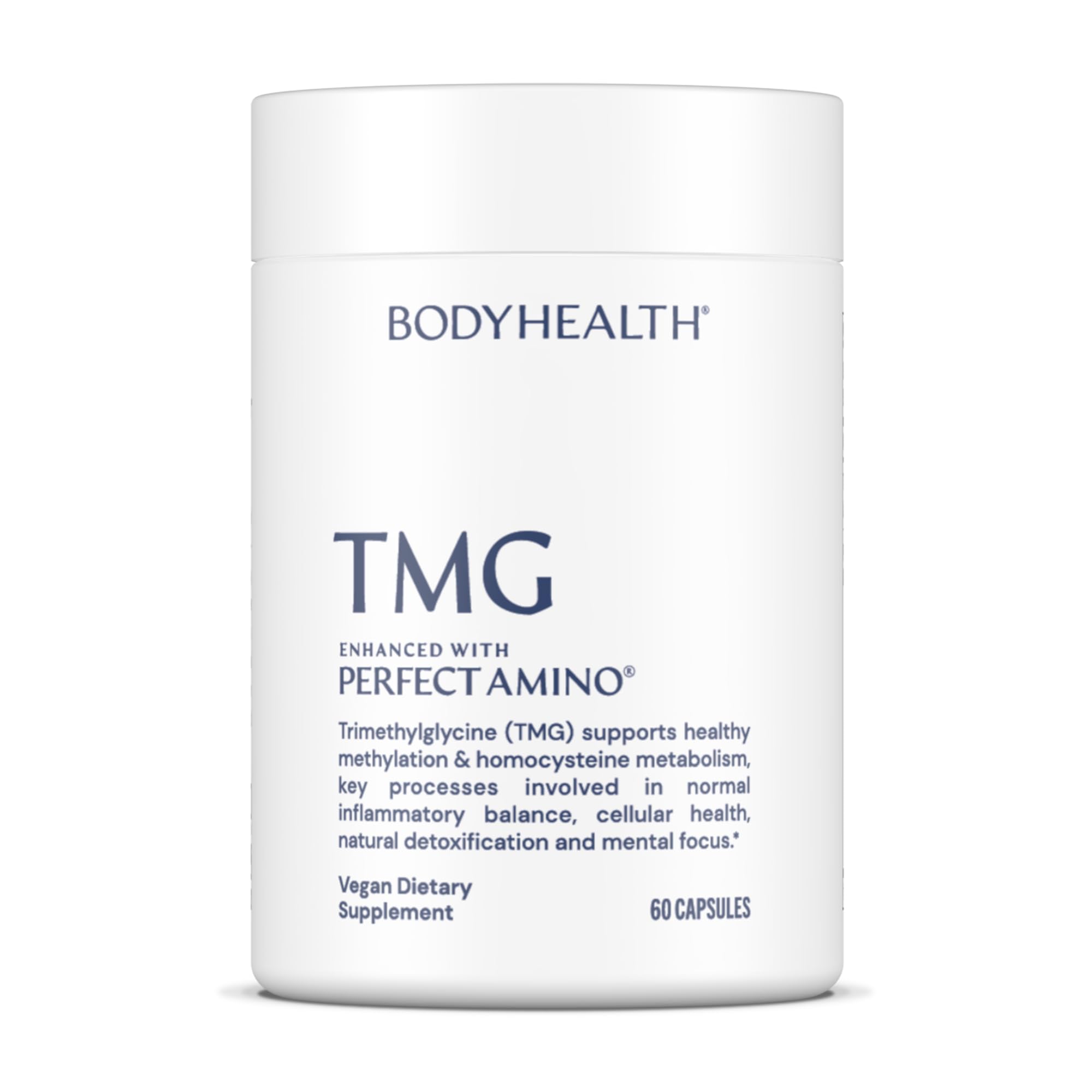 BodyHealth TMG 1000mg cápsulas en botella para soporte de energía y enfoque mental