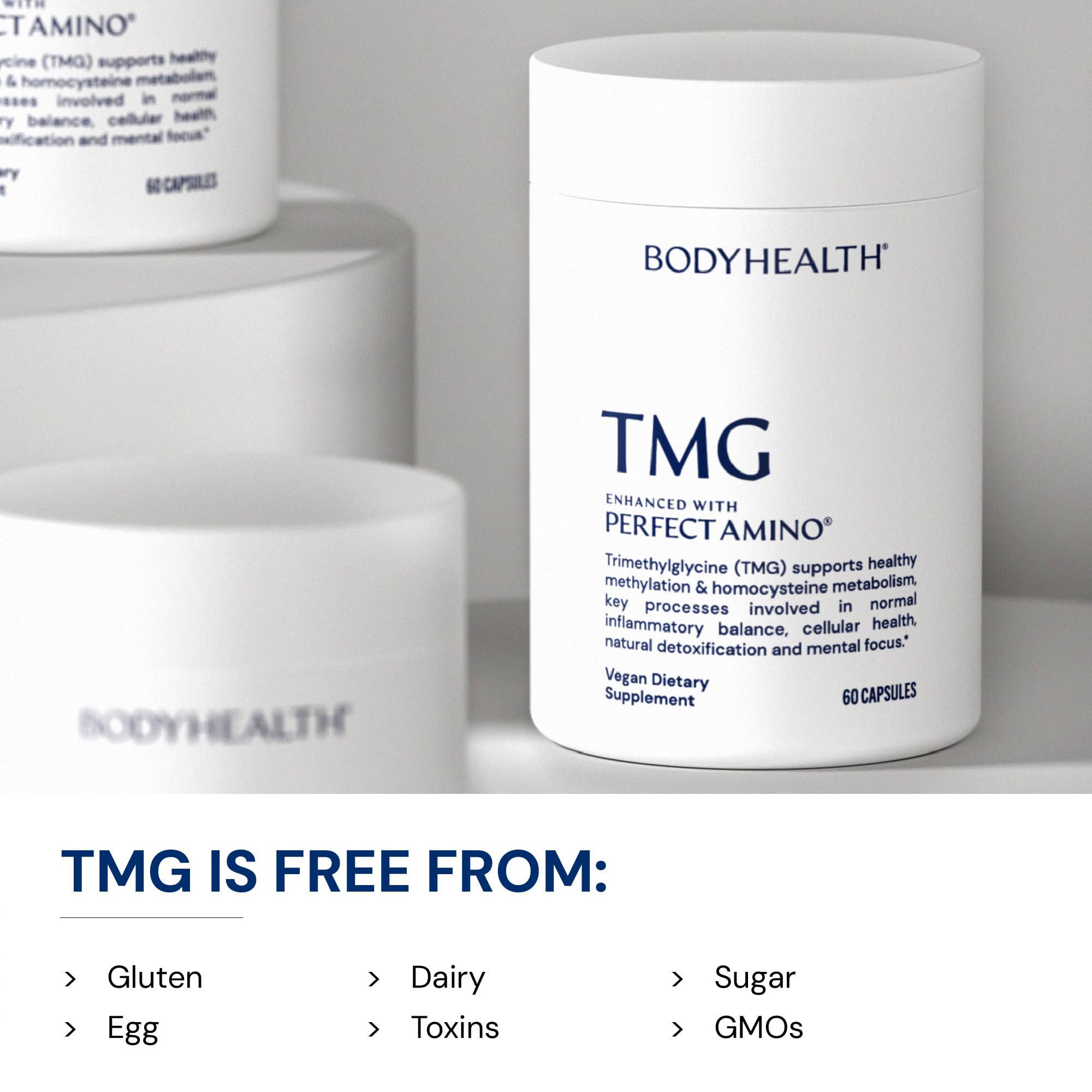 BodyHealth TMG 1000mg detalle cápsula mostrando formato suave y práctico