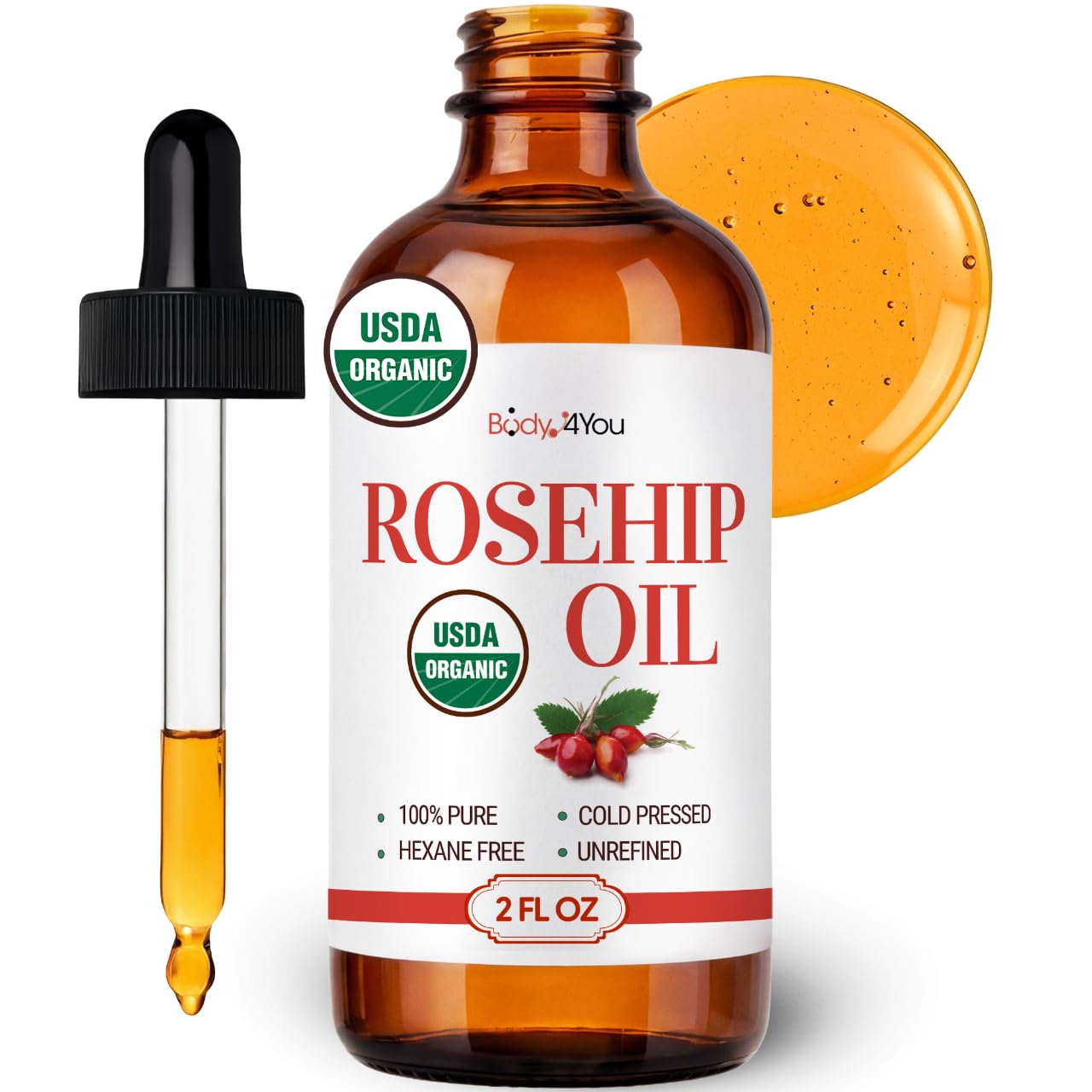BodyJ4You Aceite rosa mosqueta - botella de vidrio para hidratación suave de la piel.