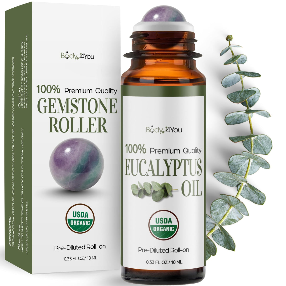 BodyJ4You Eucalipto Roll-On con bola de cristal fluorita para aplicación suave en puntos de pulso.