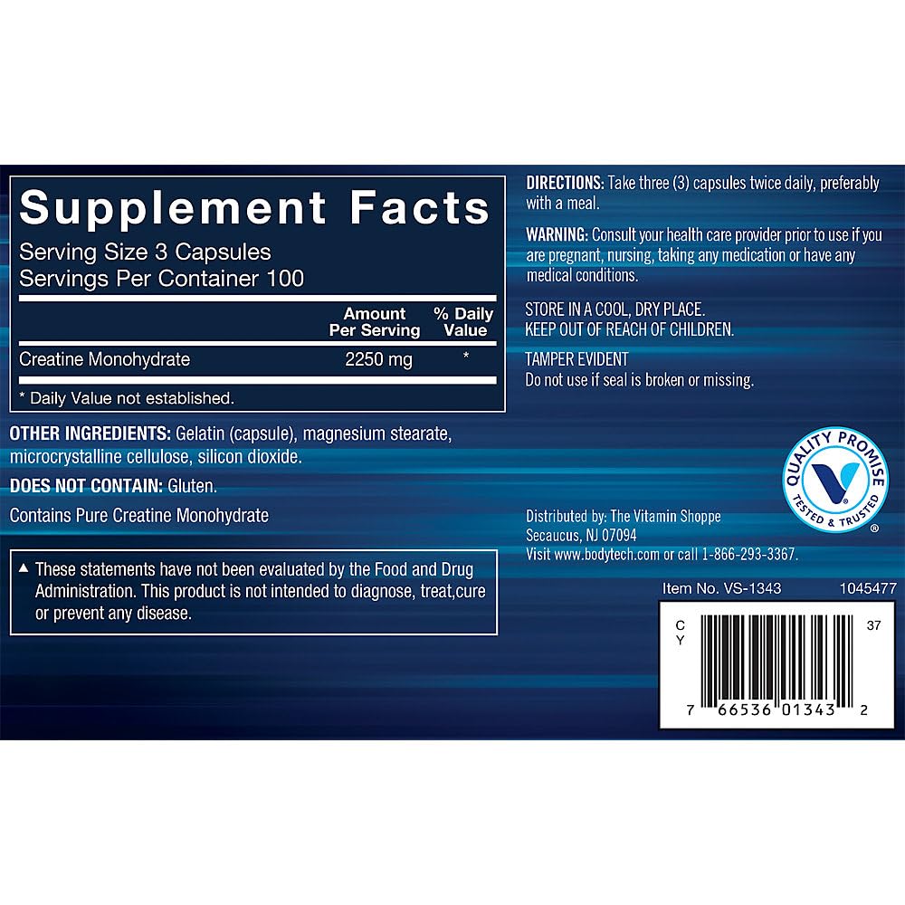 BodyTech Creatina Monohidratada Cápsulas: toma diaria para energía constante.