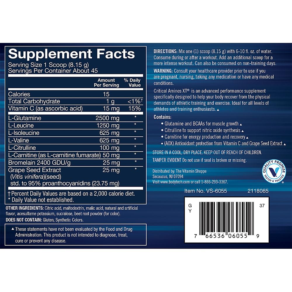 BodyTech Critical Aminos XT se mezcla en agua para una bebida ligera.