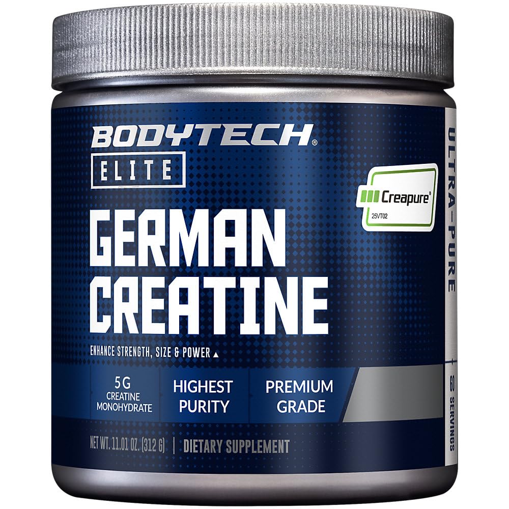 BodyTech Elite Creatina Creapure en envase, mezcla fácil para entrenamientos.