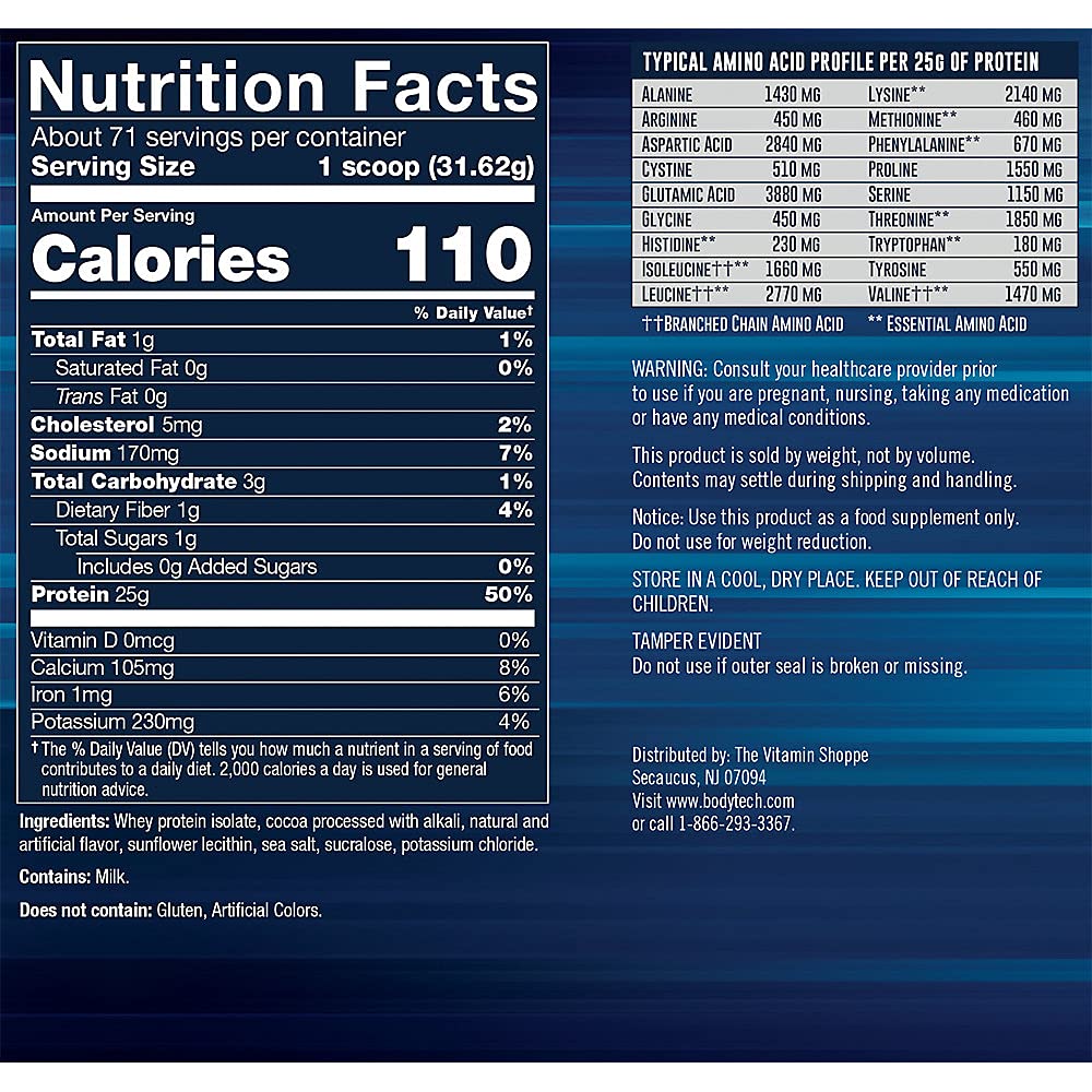 BodyTech proteína de suero aislado, mezcla en bebida, sabor chocolate, fácil de tomar tras entrenar