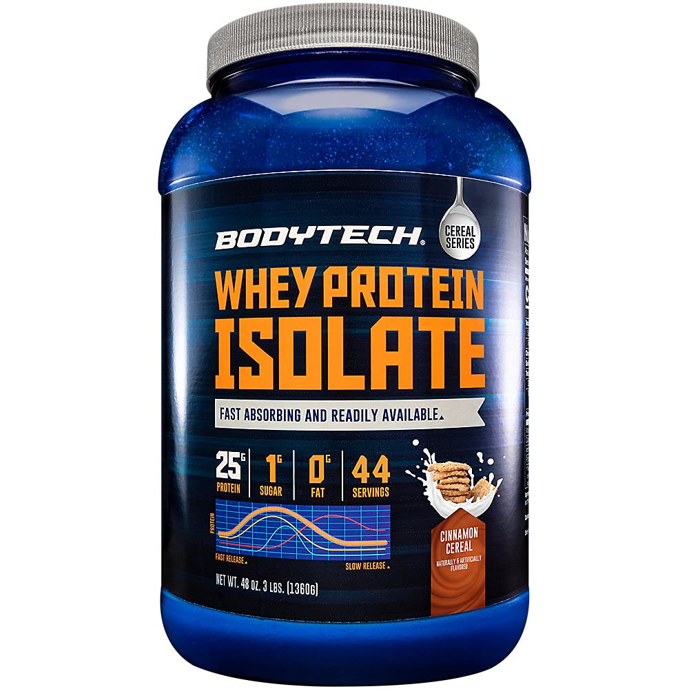 BodyTech Whey Isolate Cinnamon Cereal: bote vertido con 25 g de proteína por porción.