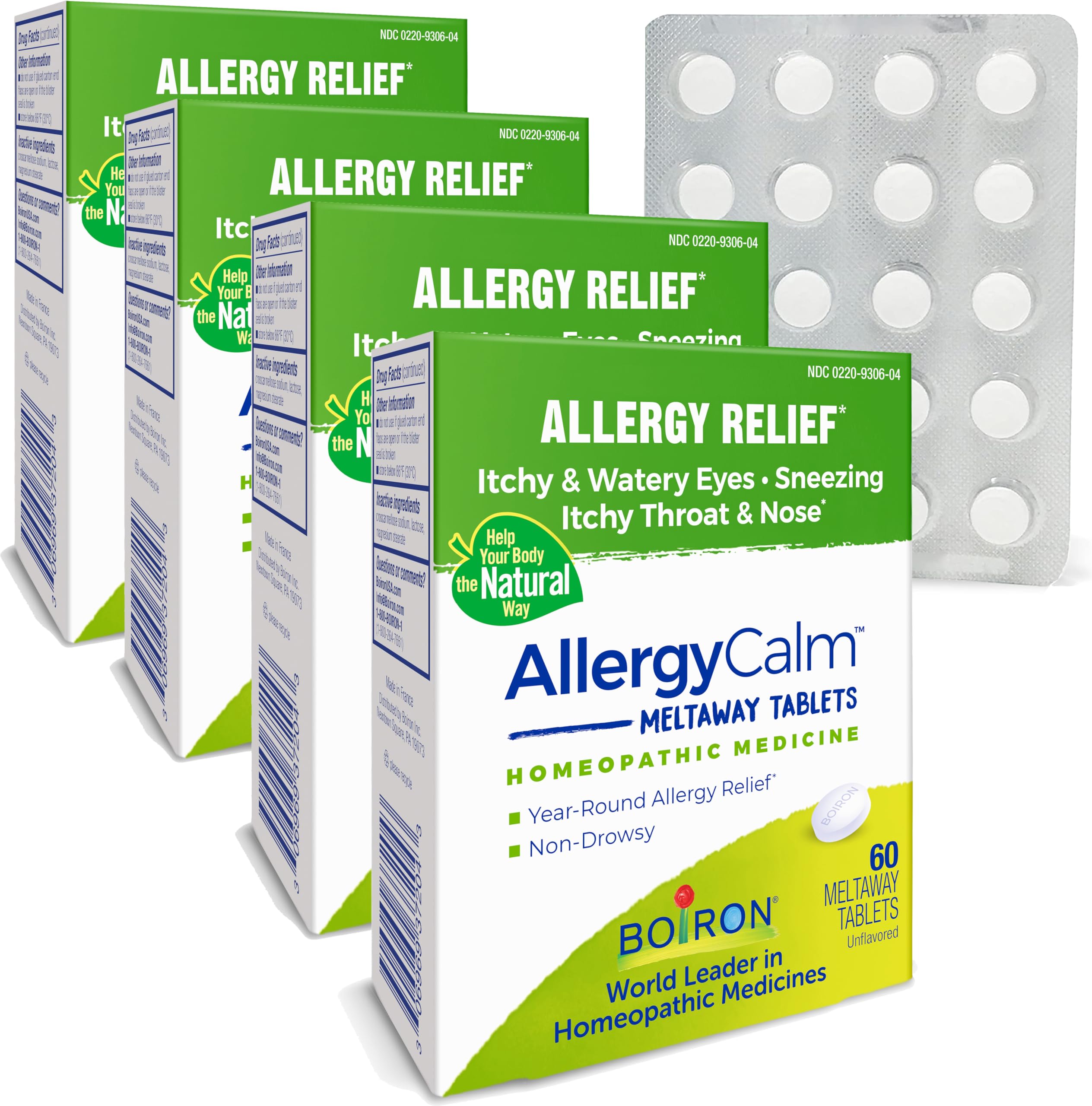 Caja AllergyCalm de Boiron frente al detalle, alivio de alergias y secreción nasal