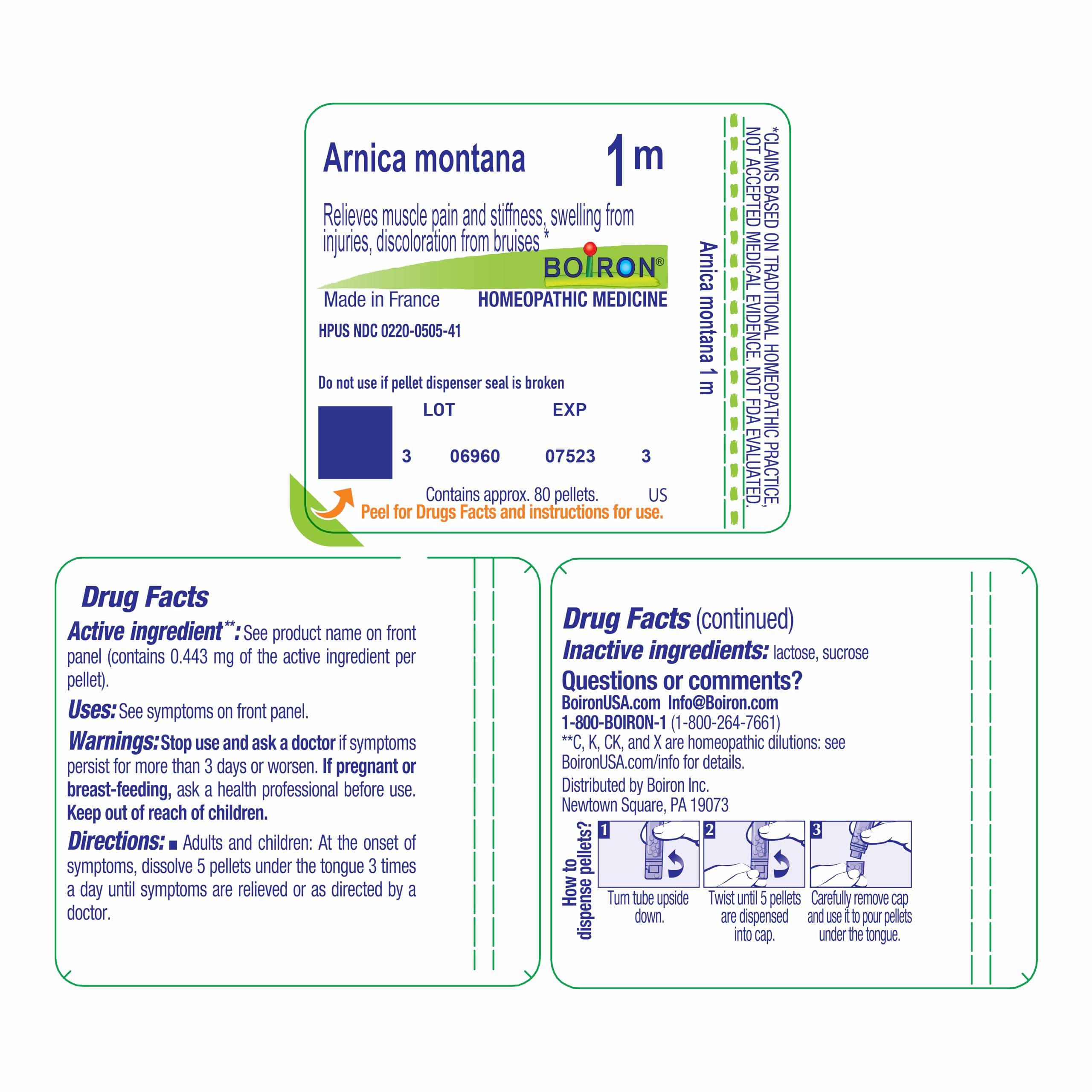 Boiron Arnica Montana 1M, envase compacto con instrucciones claras