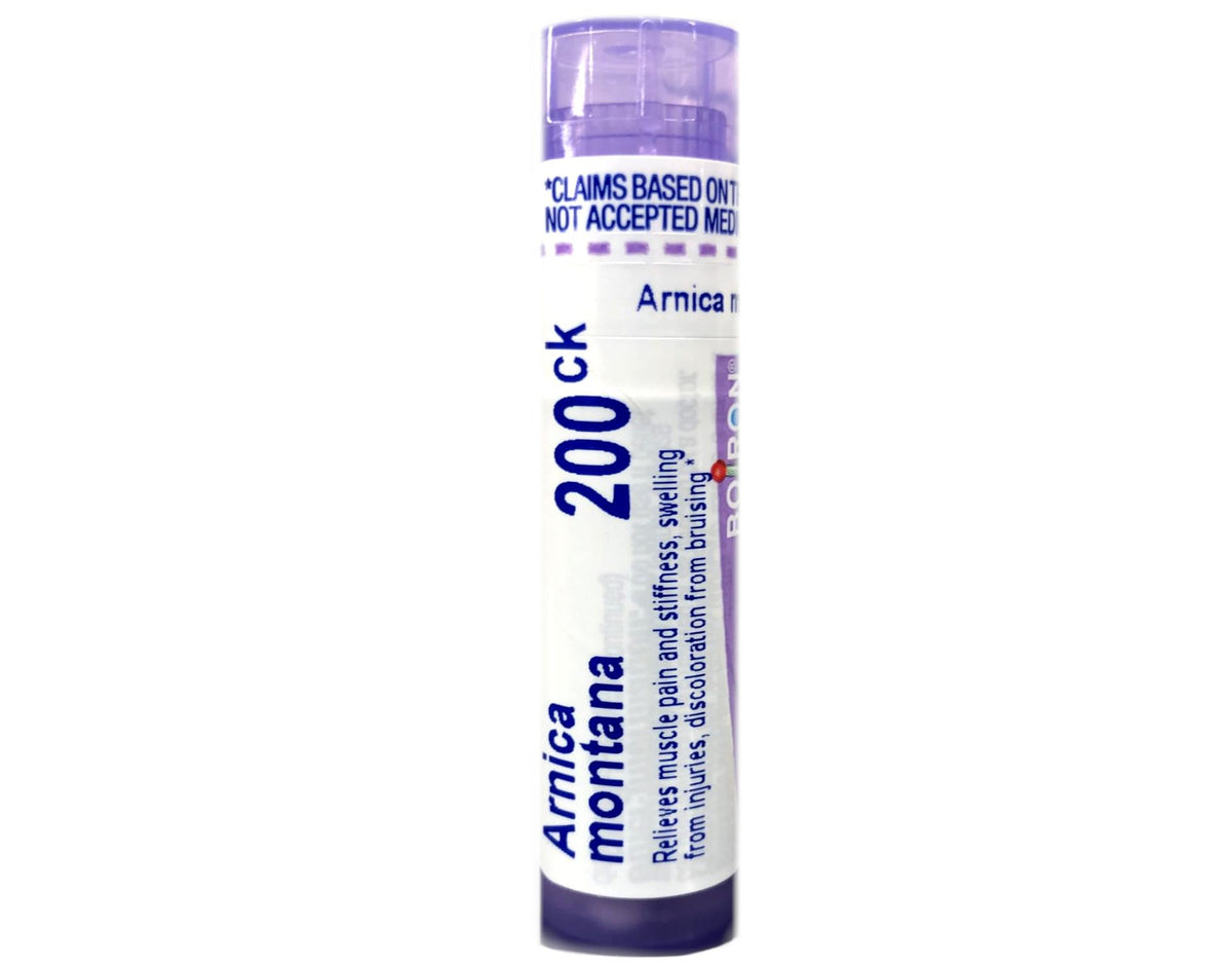 Boiron Arnica Montana 200CK, perlas enfocadas en alivio de molestias musculares después del esfuerzo.