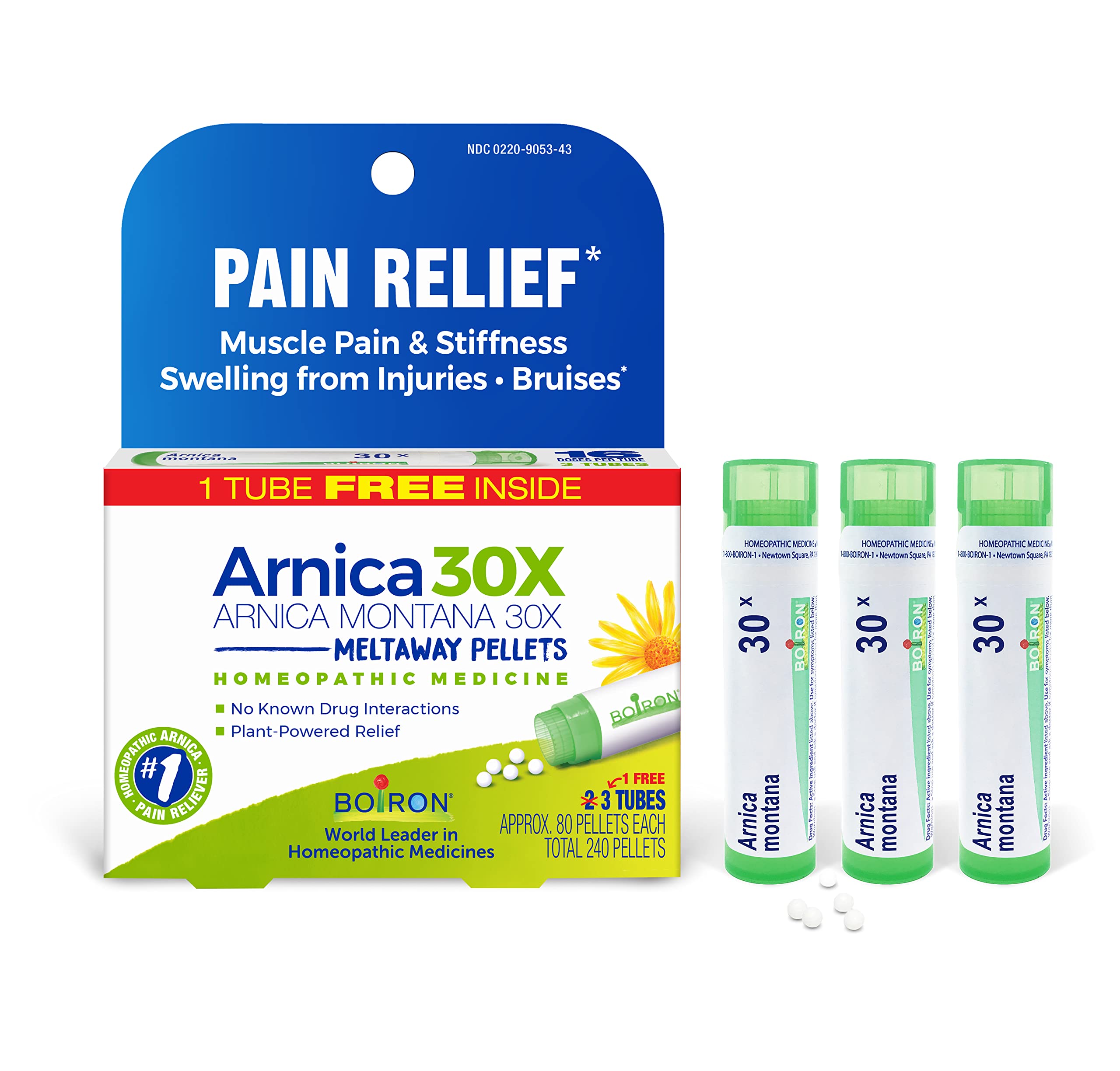 Boiron Arnica Montana 30X, caja del producto para alivio temporal del dolor muscular