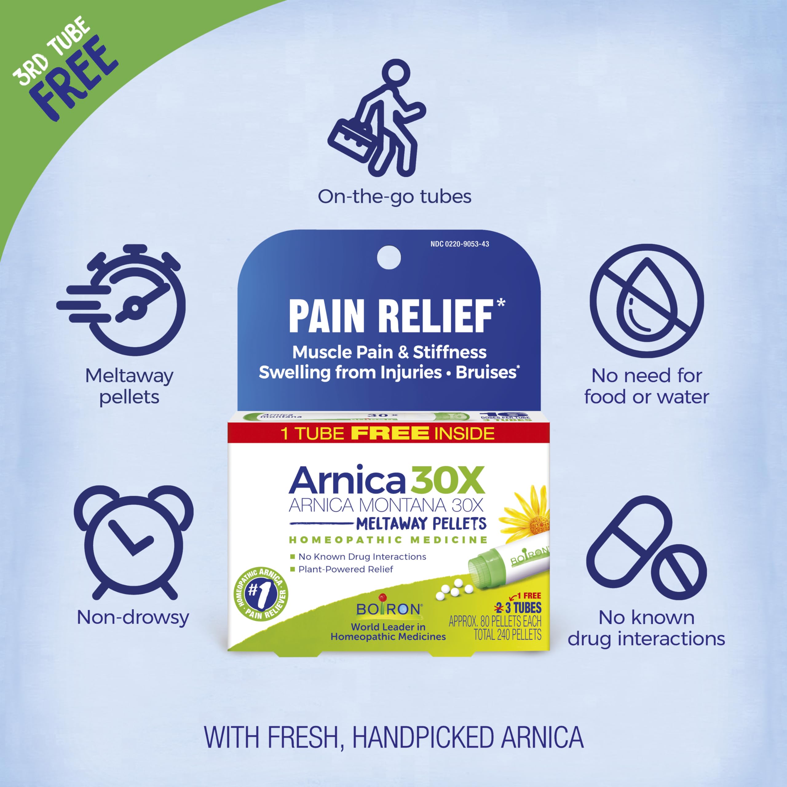 Boiron Arnica Montana 30X, gránulos disolviéndose bajo la lengua para alivio suave