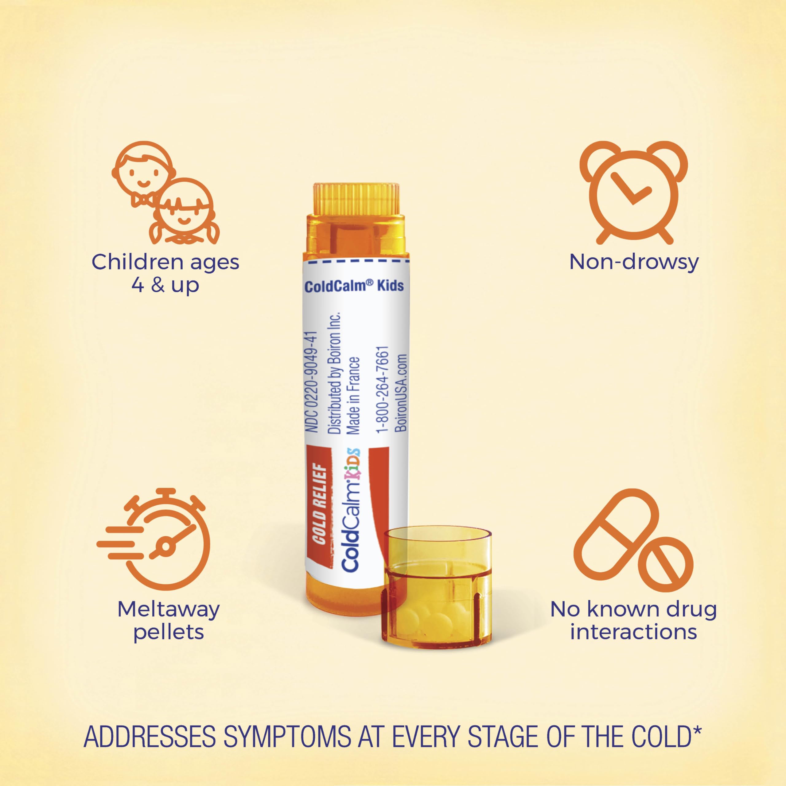 Boiron ColdCalm Kids Pellets se disuelven en la boca sin agua.