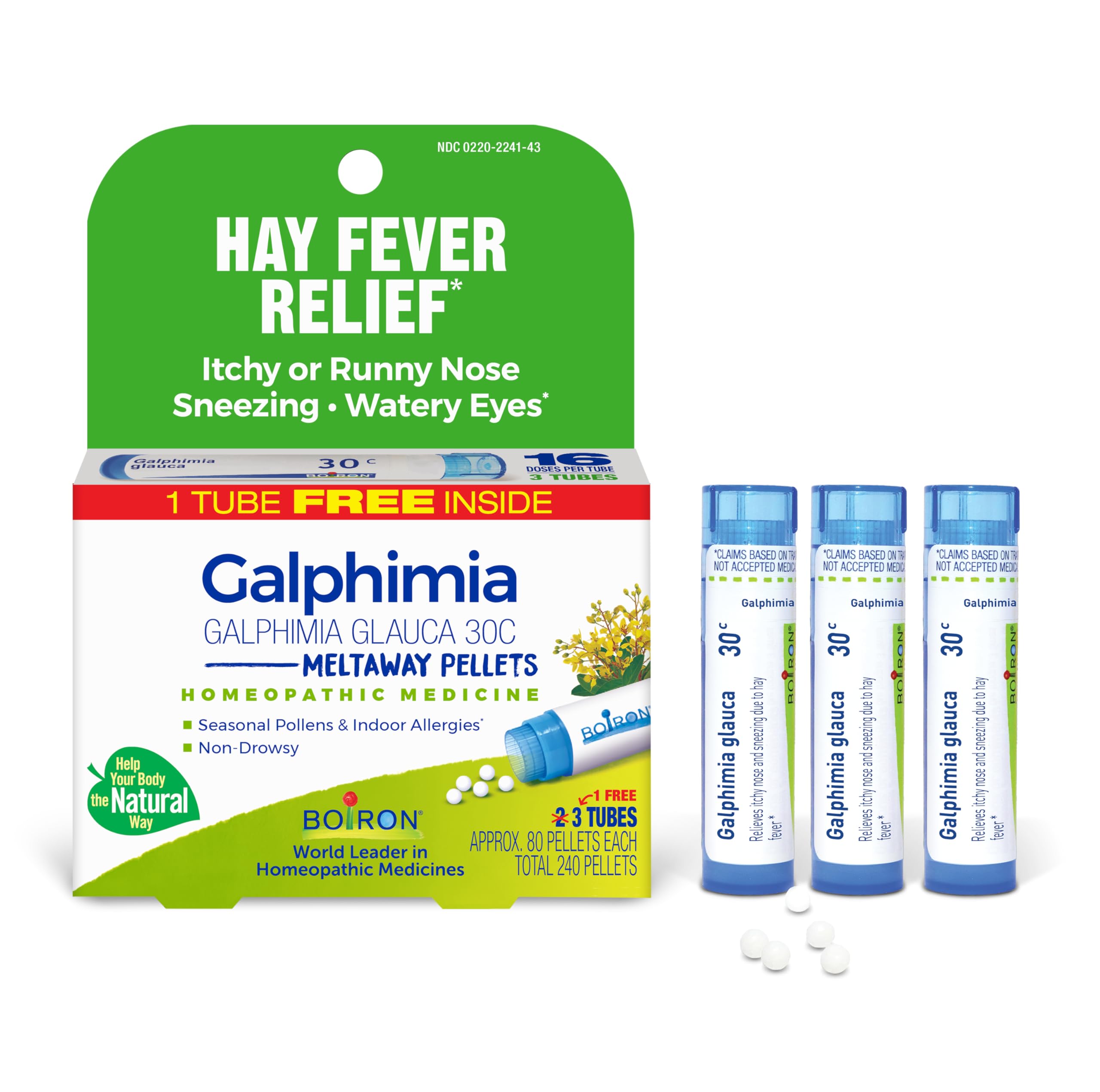 Boiron Galphimia Glauca 30C envase de grageas para uso diario en alergias.