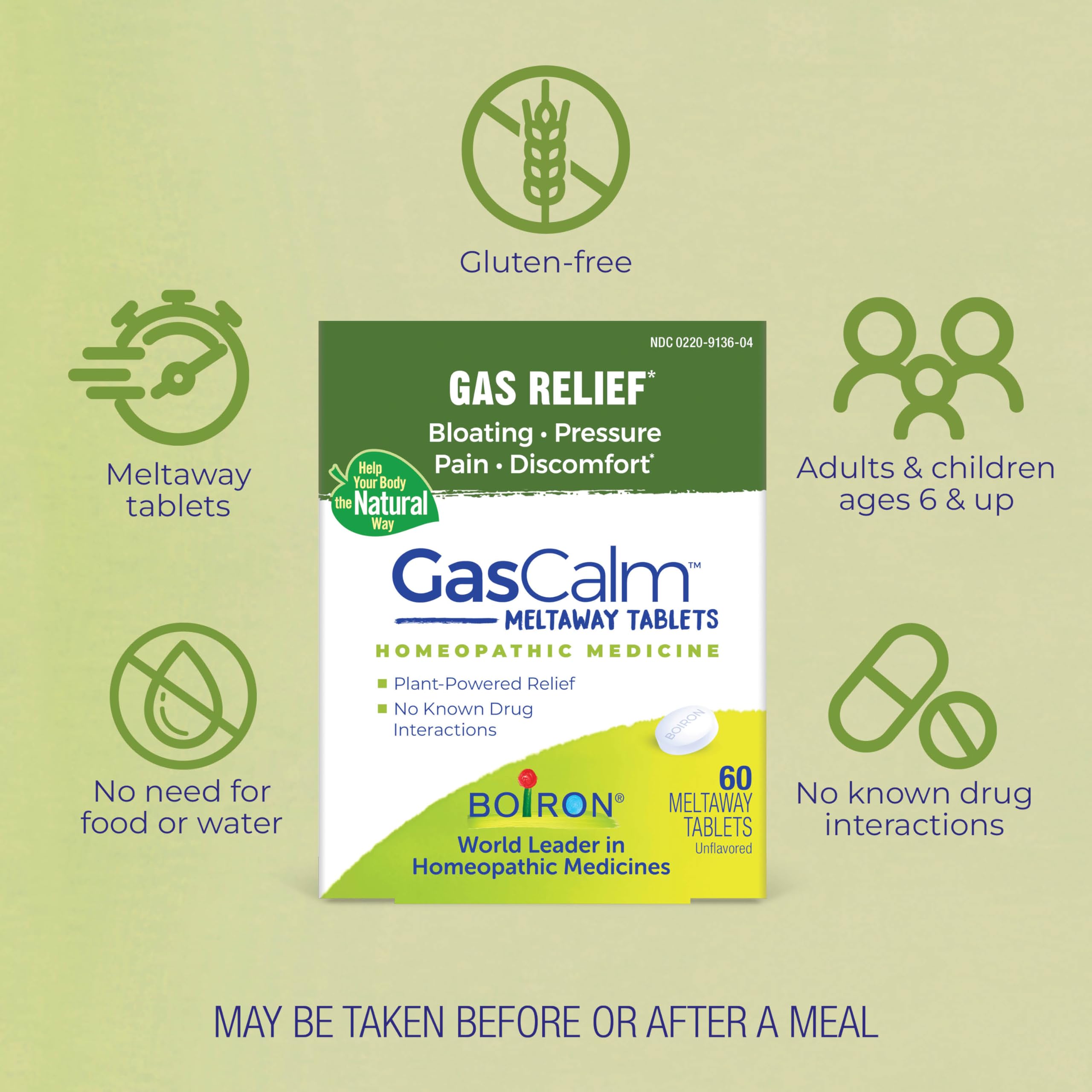 Boiron GasCalm tabletas sin agua que se disuelven fácilmente.