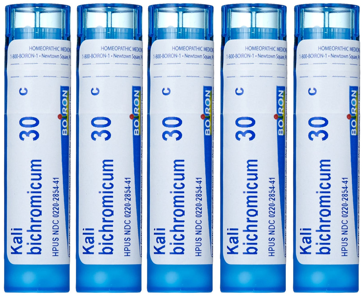 Boiron Kali Bichromicum 30C, botella de perlas, posible alivio de síntomas de resfriado.