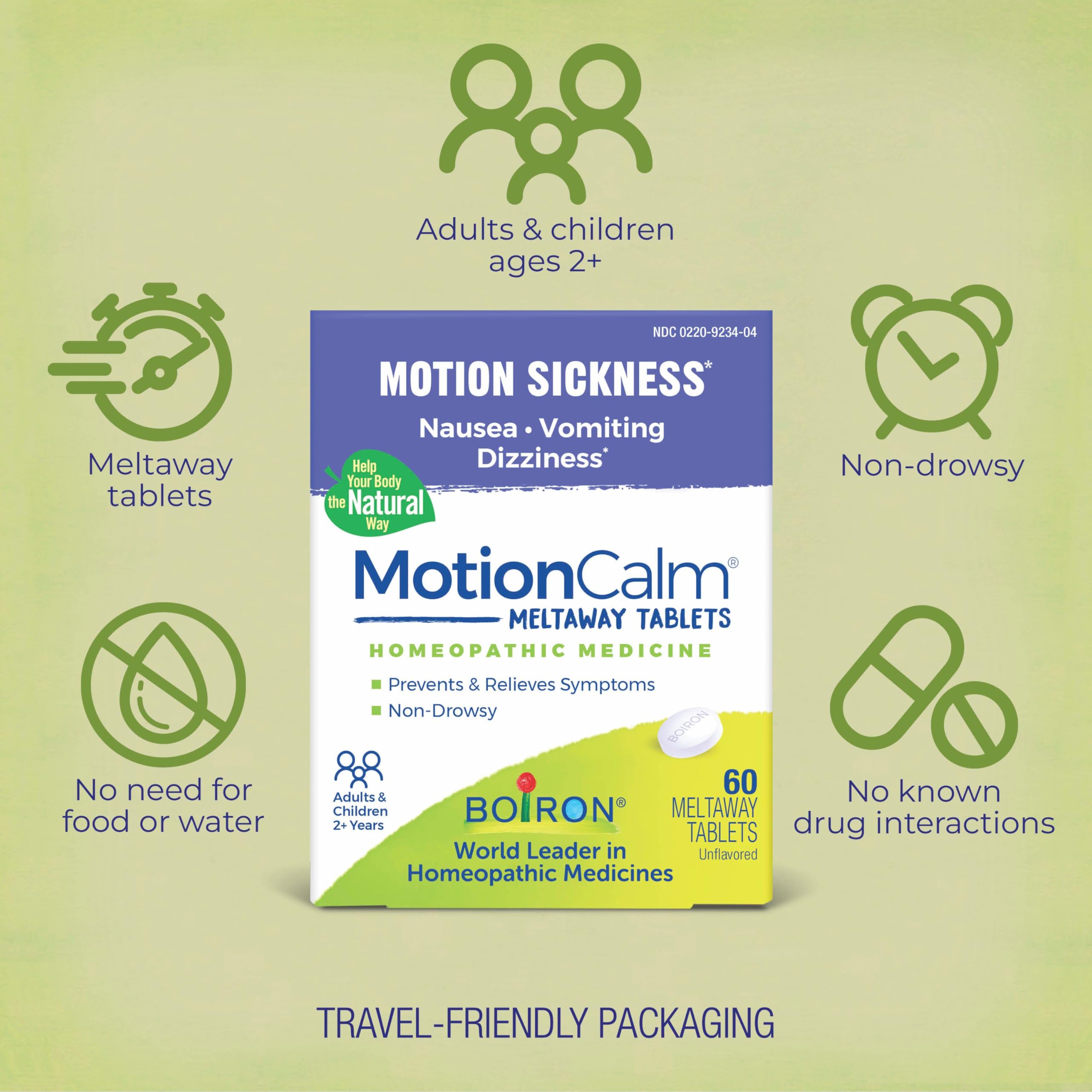 Boiron MotionCalm: dosis que se disuelven sin agua para uso rápido.
