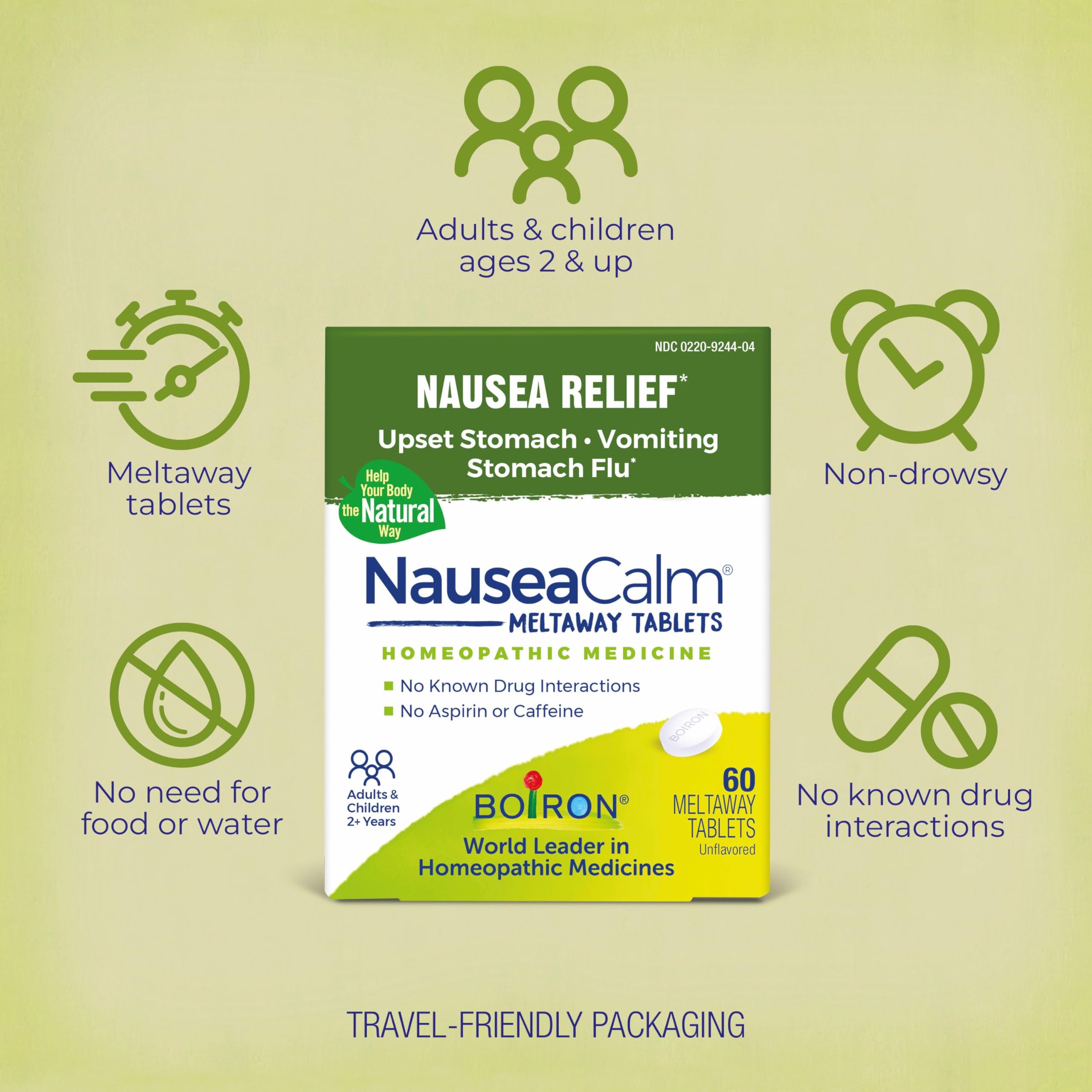 Boiron NauseaCalm envase de 60 tabletas, solución práctica para malestar estomacal.
