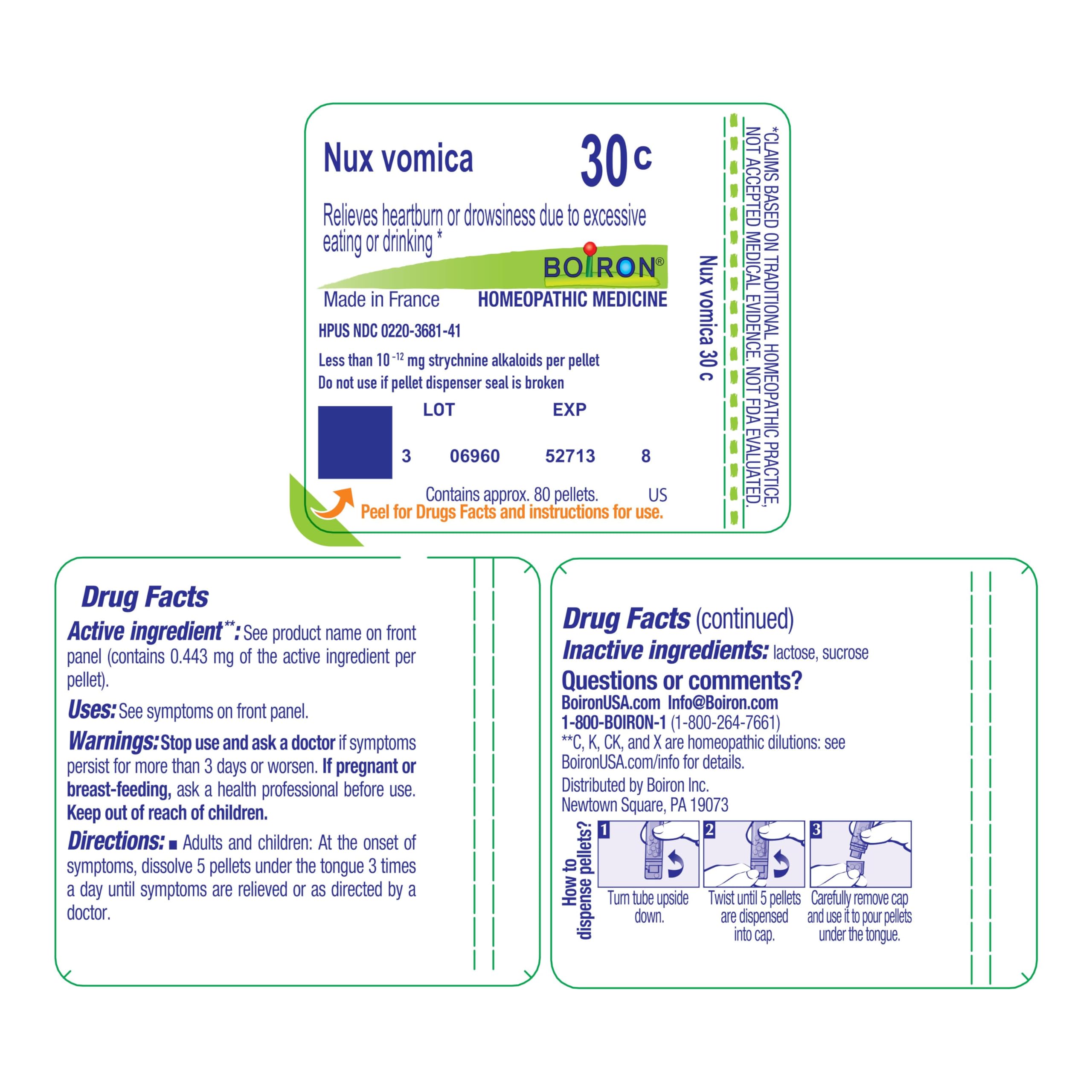 Boiron Nux Vomica 30C, para molestias tras exceso de comida o bebida.