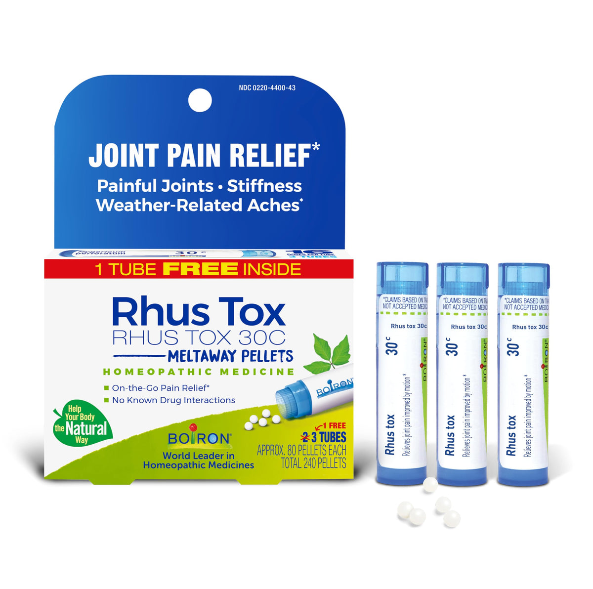 Boiron Rhus Tox 30C: pellets que se disuelven bajo la lengua para molestias articulares.