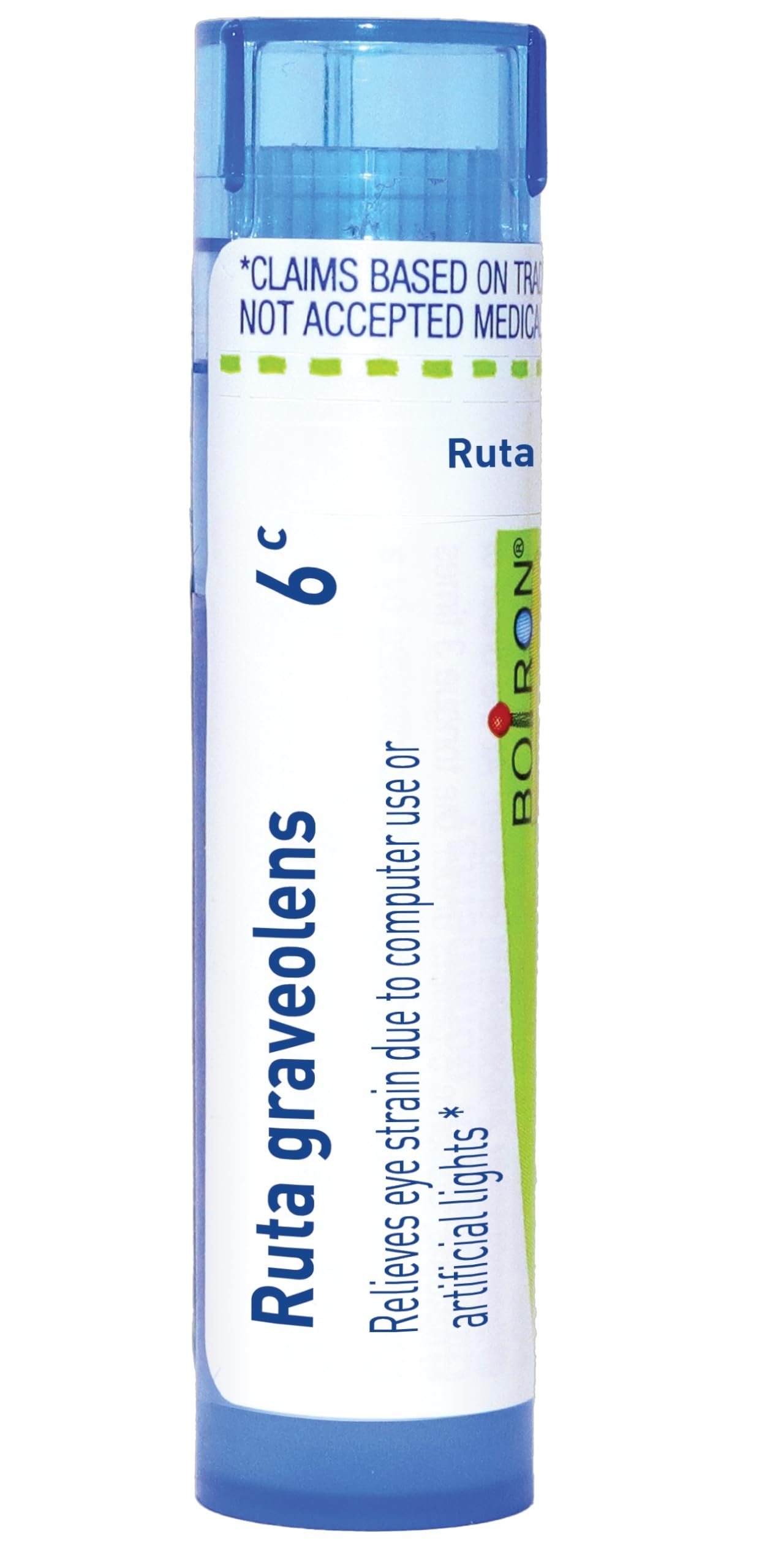 Boiron Ruta Graveolens tubo dispensador de pellets para uso en movimiento.