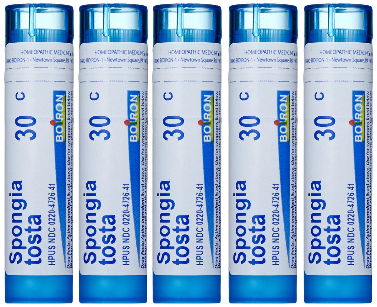Boiron Spongia Tosta 30C: pellets que se disuelven rápido para tomar al primer síntoma.