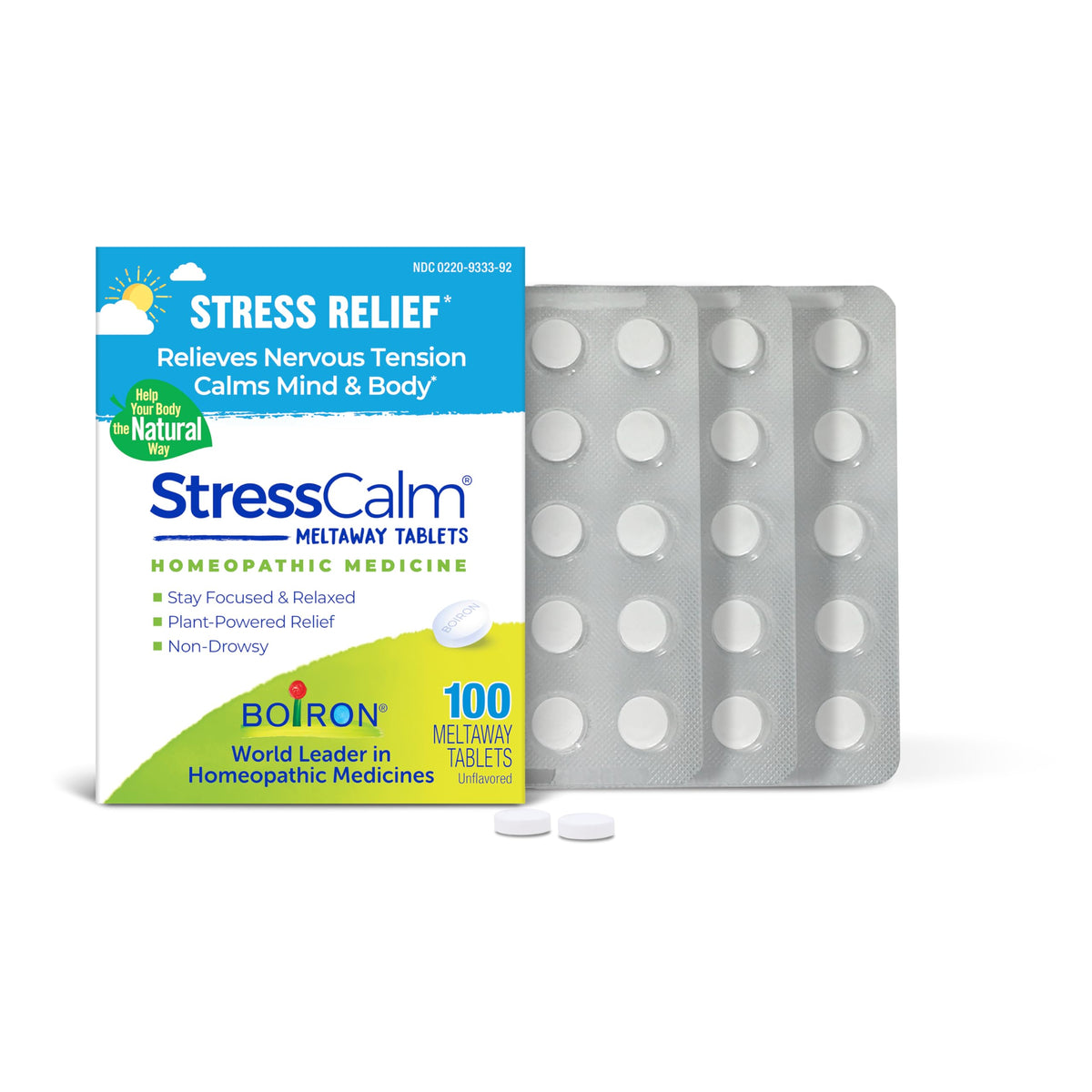 Boiron StressCalm Tabs: botella visible para alivio suave del estrés diario.