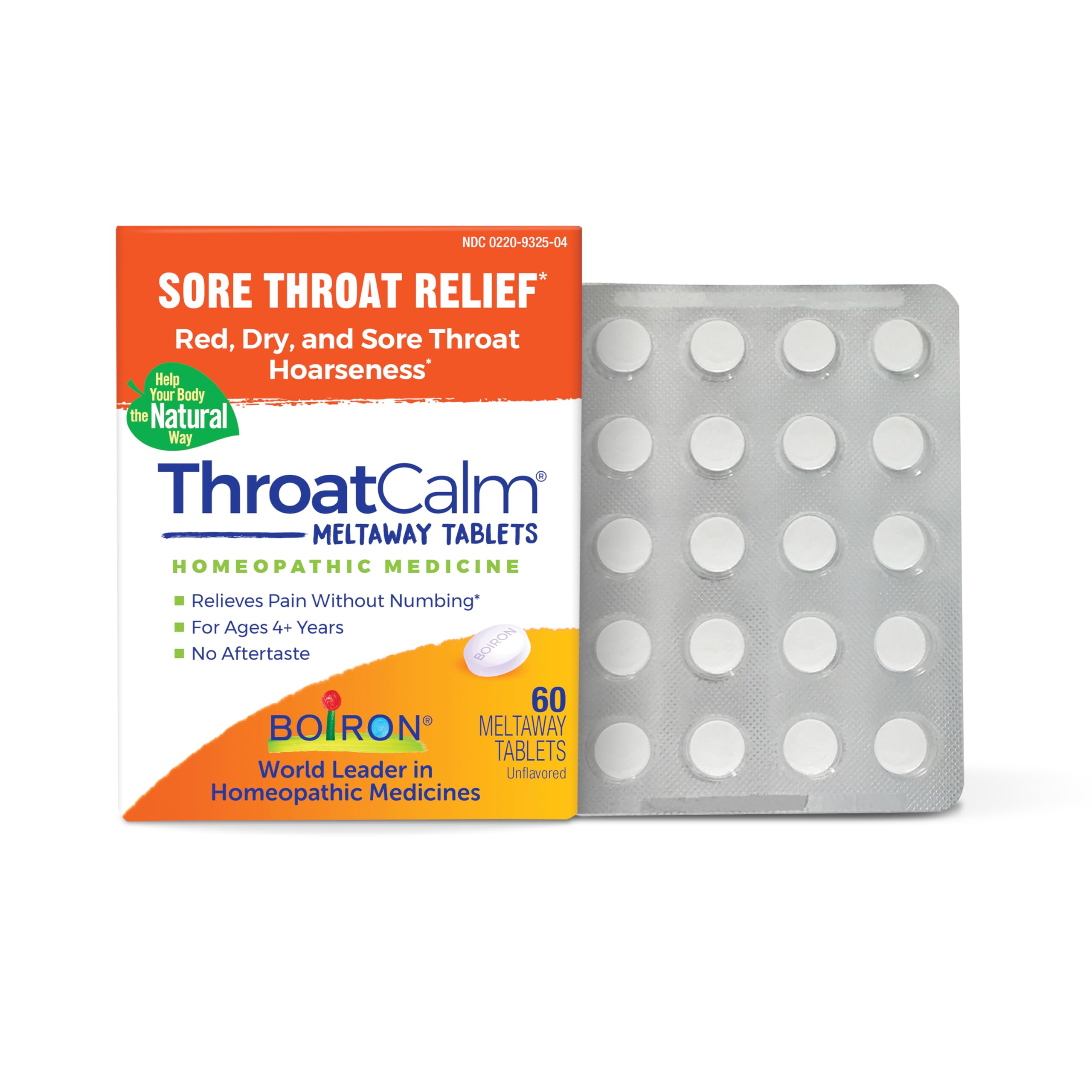 Boiron ThroatCalm envase de 60 tabletas, práctico para llevar.