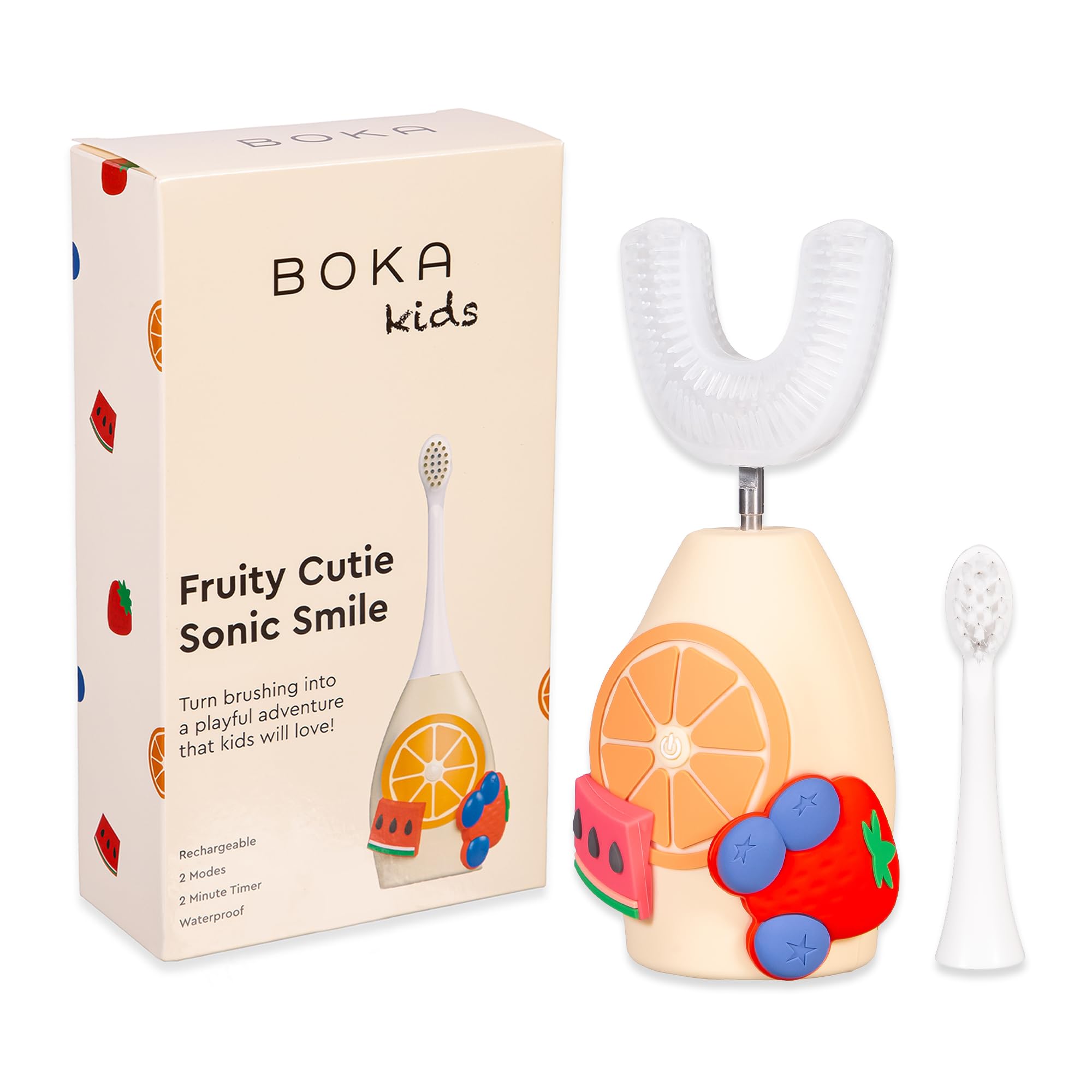 Cepillo sónico Boka para niños con diseño frutal, atractivo y divertido.