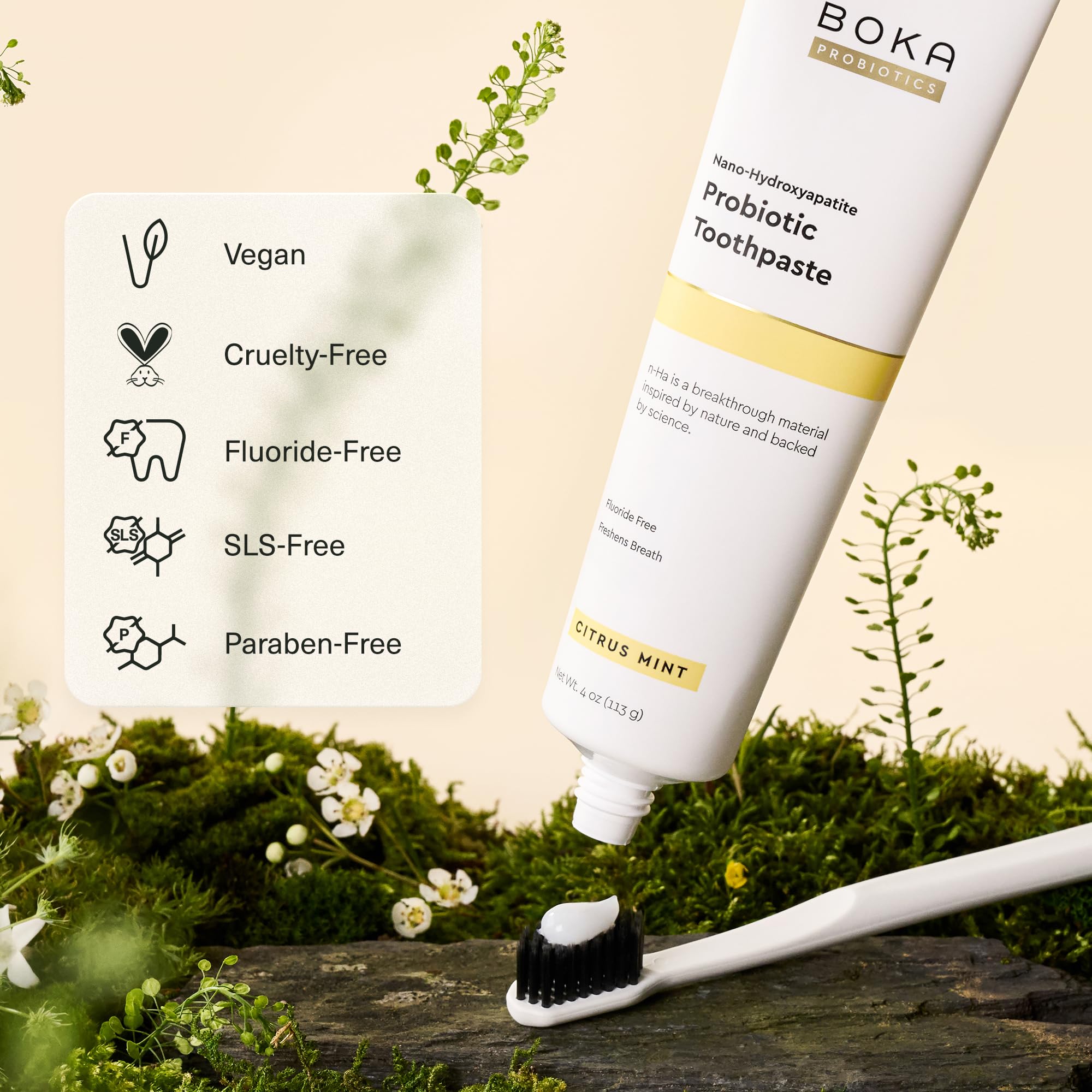 Pasta dental Boka para dientes sensibles, experiencia suave y calmante.