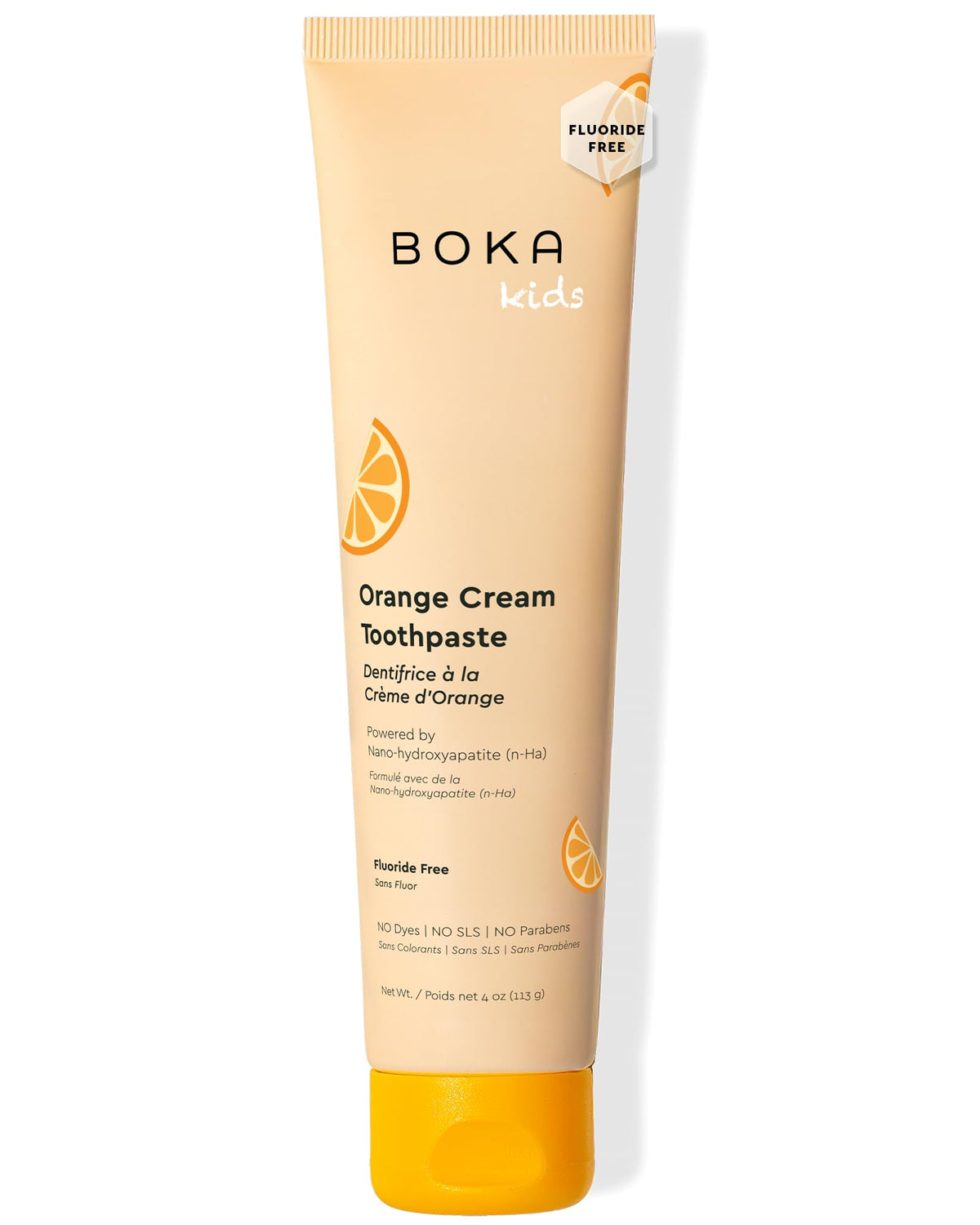 Pasta dental Boka con nano-hidroxiapatita en tubo, sabor naranja crema para uso diario.