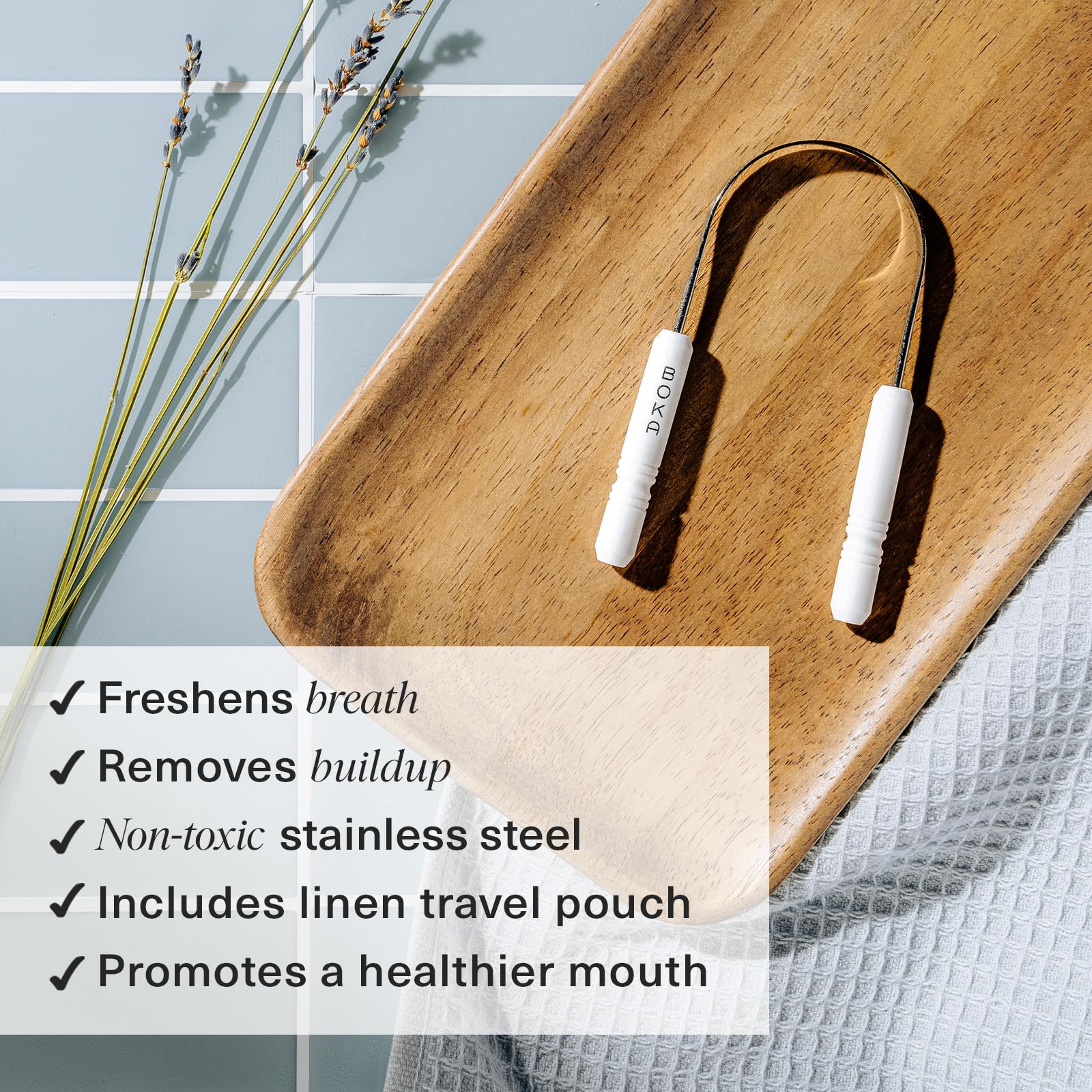 Raspador de lengua Boka, acero inoxidable, diseño en U para alcance completo.