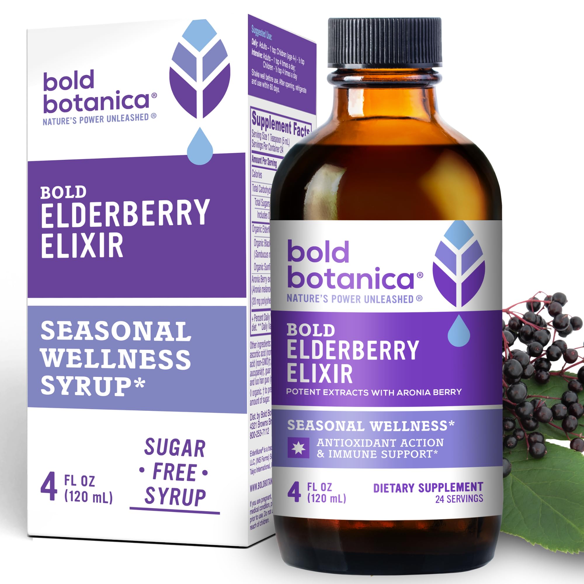 Bold Botanica Elixir de saúco 65X en frasco, para consumo diario.