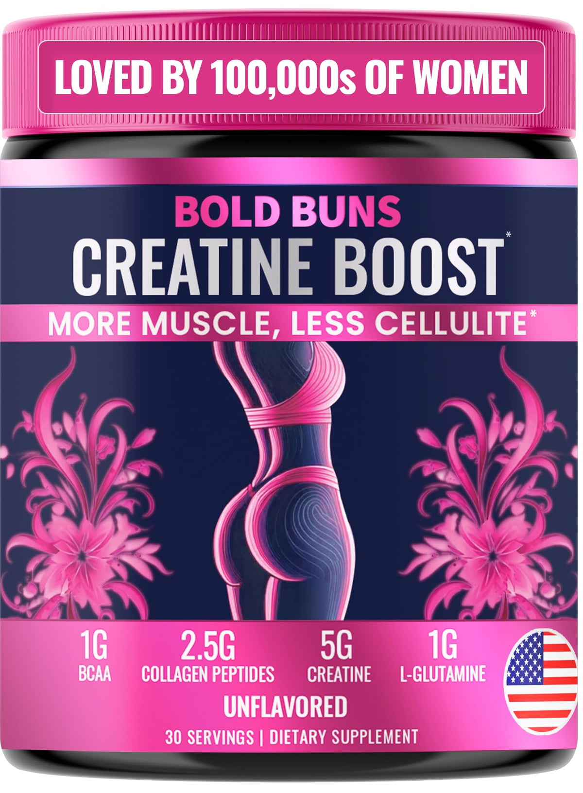 Bold Buns Creatine para mujeres, bote de 30 porciones, conveniencia diaria.