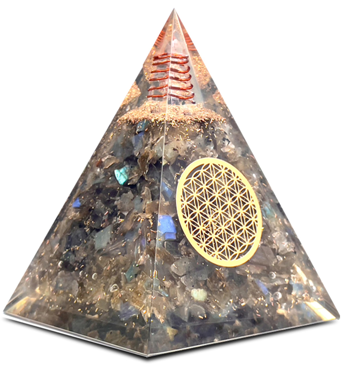 BOMBAY CRYSTALS EXPORT Labradorita pirámide orgonite vista frontal para meditación.