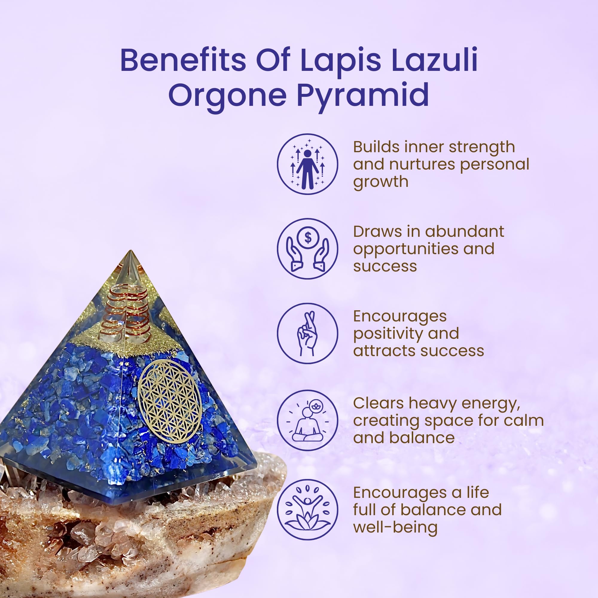 Materiales premium: lapislázuli natural, cobre y resina en orgonita artesanal.
