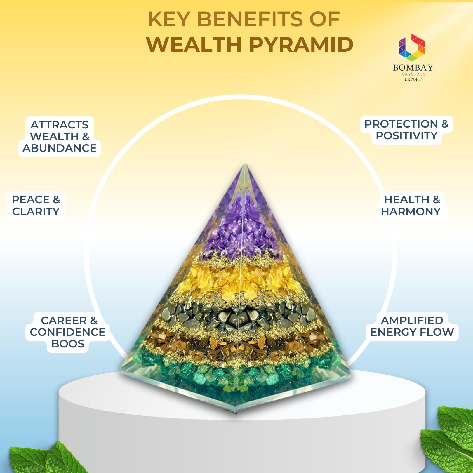 BOMBAY CRYSTALS EXPORT: pirámide imán dinero con pirita para protección y flujo de energía positiva.