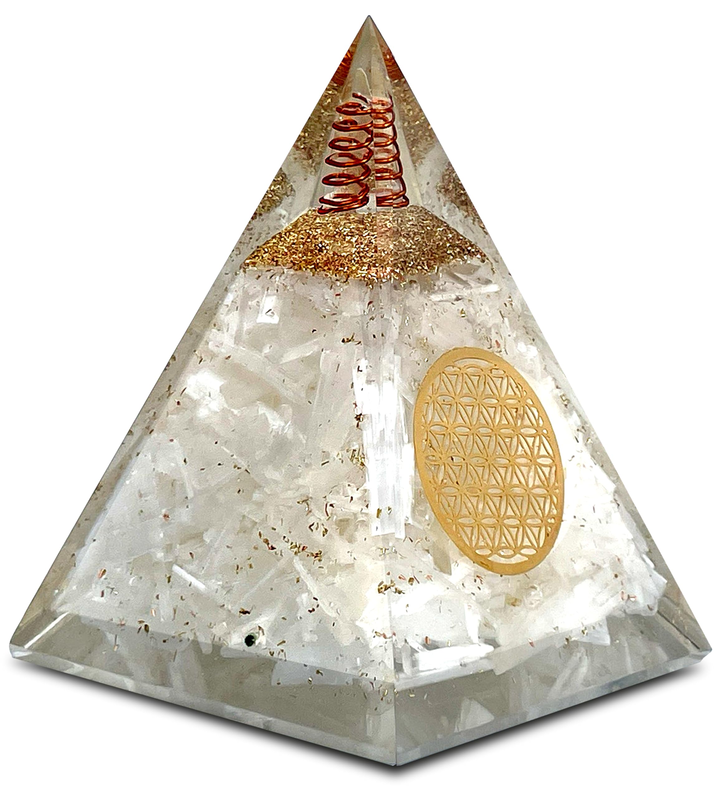 Bombay Crystals Export pirámide de orgonita con Flor de la Vida ideal para meditación.