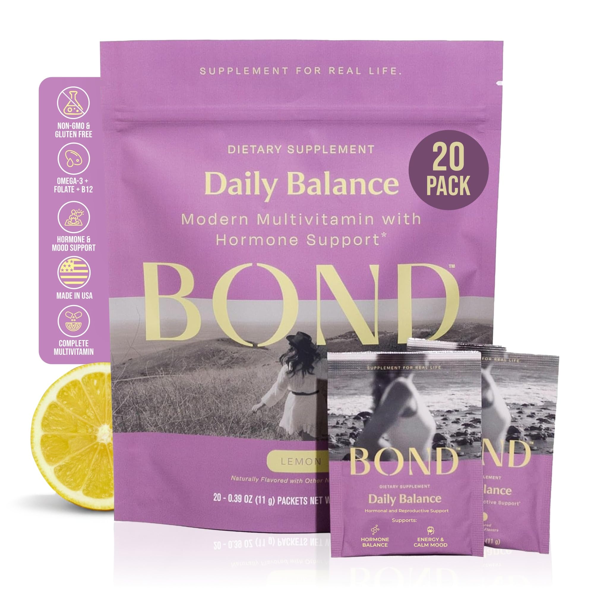 BOND Prenatal: botella mostrando dosis diaria para energía equilibrada.