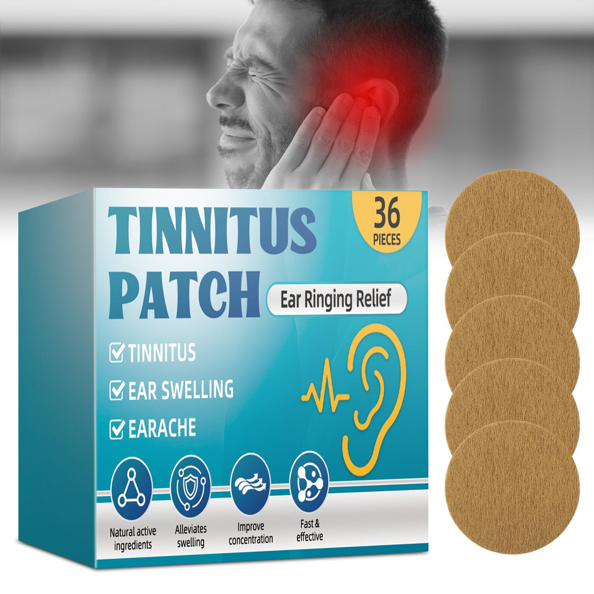 Bondtech alivio del tinnitus con empaque de 36 parches para uso diario.