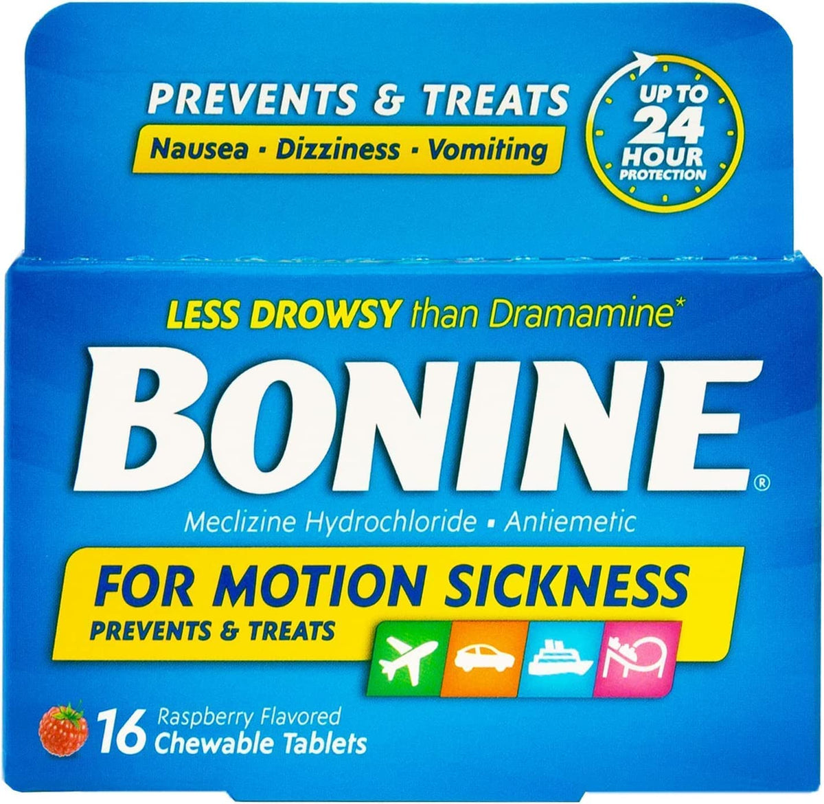 Bonine botella de 16 tabletas para viajar y uso diario.