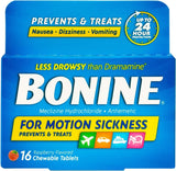 Bonine botella de 16 tabletas para viajar y uso diario.