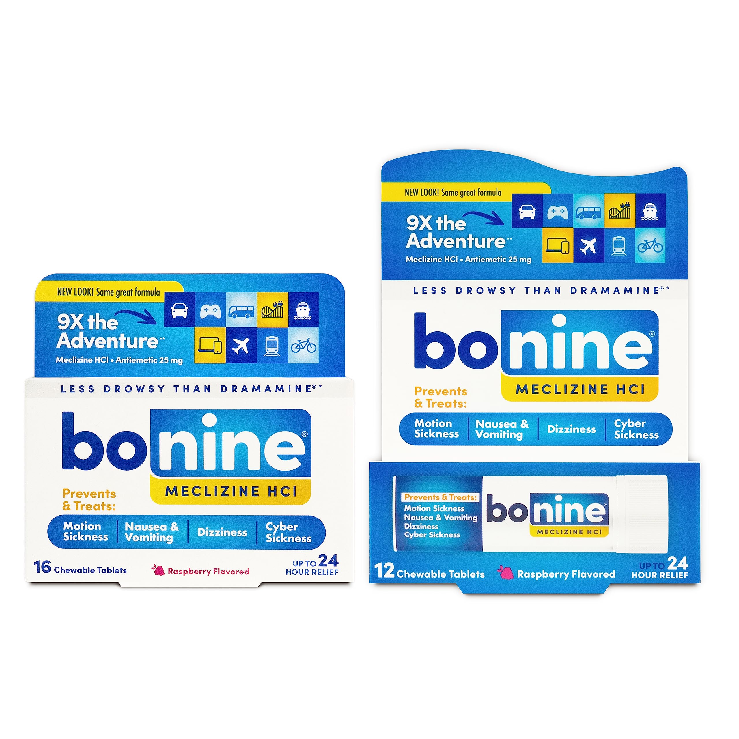 Bonine masticables frambuesa, empaque frontal, ideal para viajar sin mareo.
