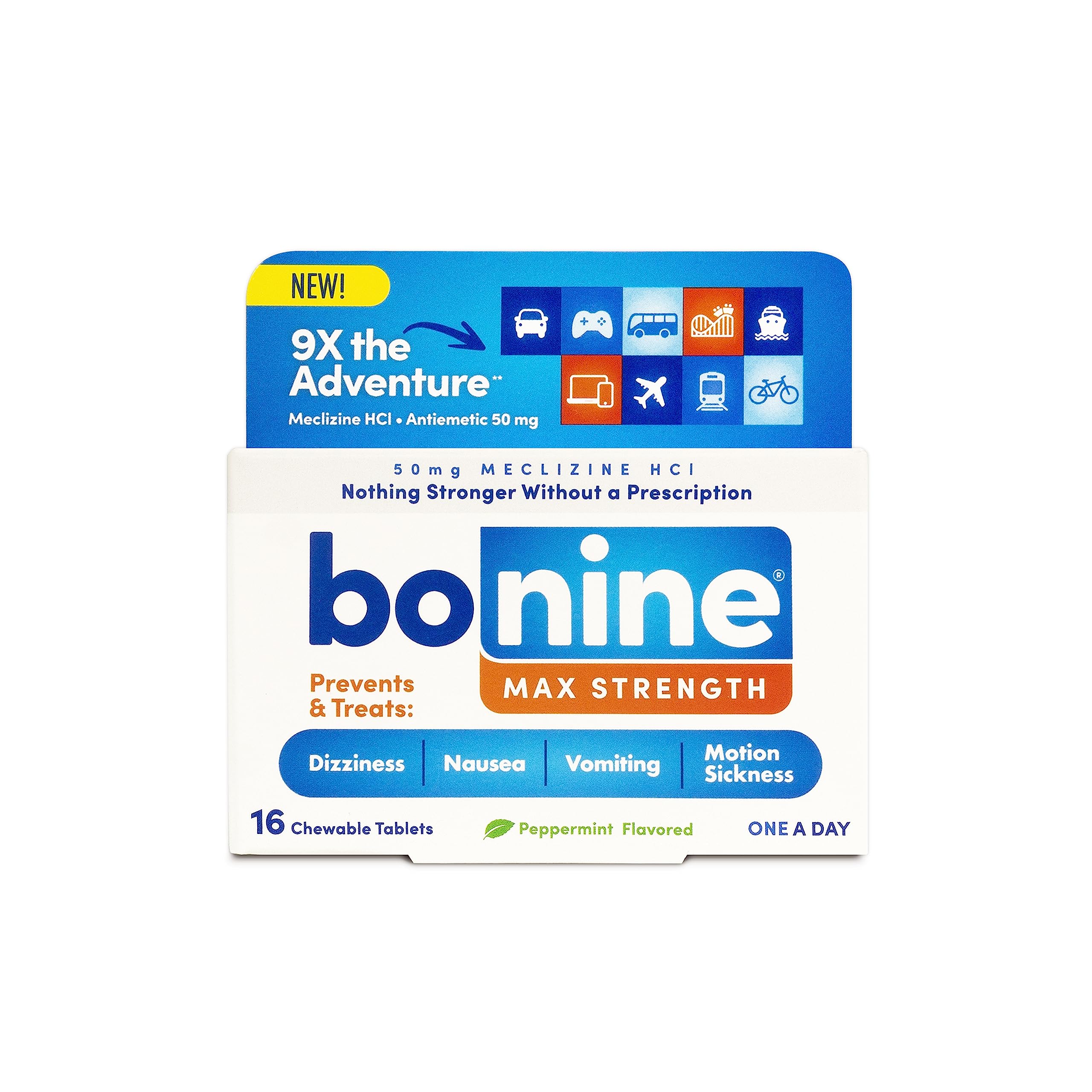 Bonine Max masticables en su embalaje, listo para viaje.