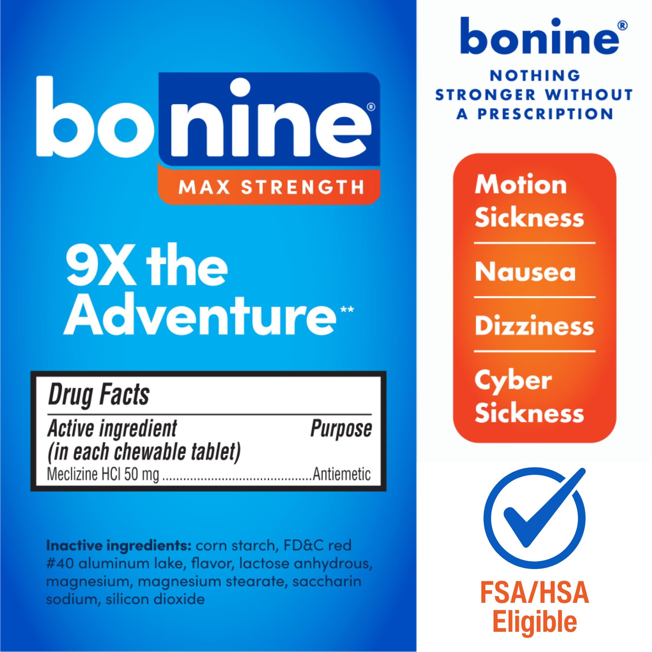 Tabletas masticables Bonine Max con sabor a menta para alivio práctico.
