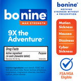 Tabletas masticables Bonine Max con sabor a menta para alivio práctico.