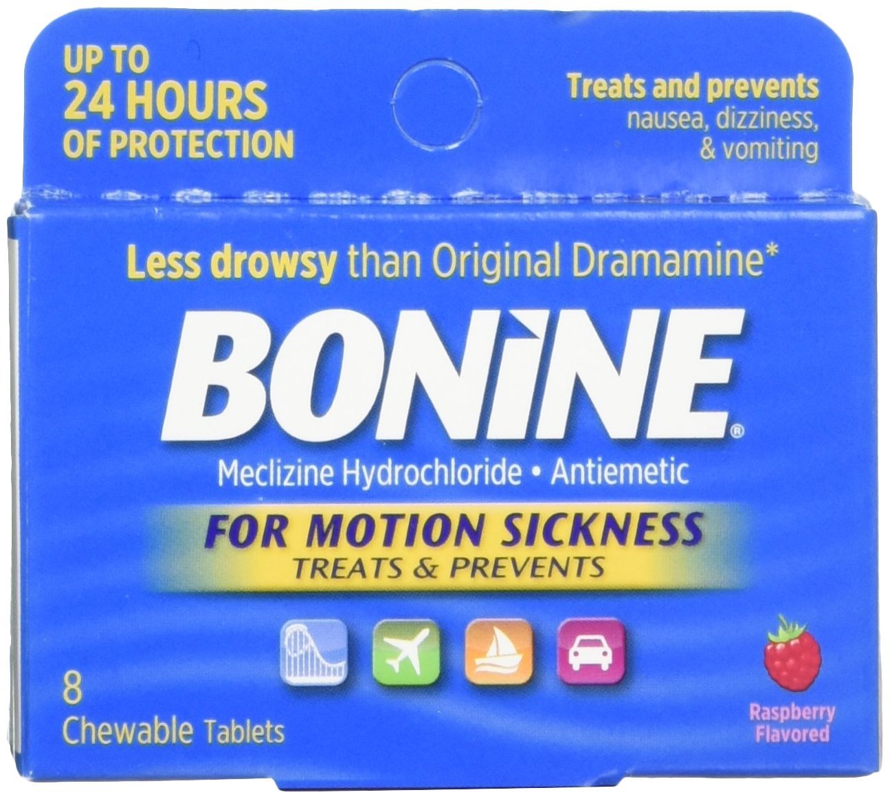 Bonine tabletas masticables frambuesa, envase práctico para viajar sin mareos.