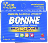 Bonine tabletas masticables frambuesa, envase práctico para viajar sin mareos.